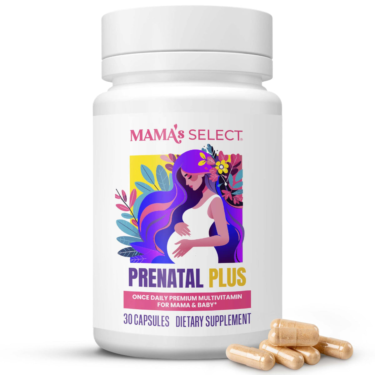 Mama's Select Prenatal bottle front view shows allergen-free, easy-to-digest capsules for daily use.
