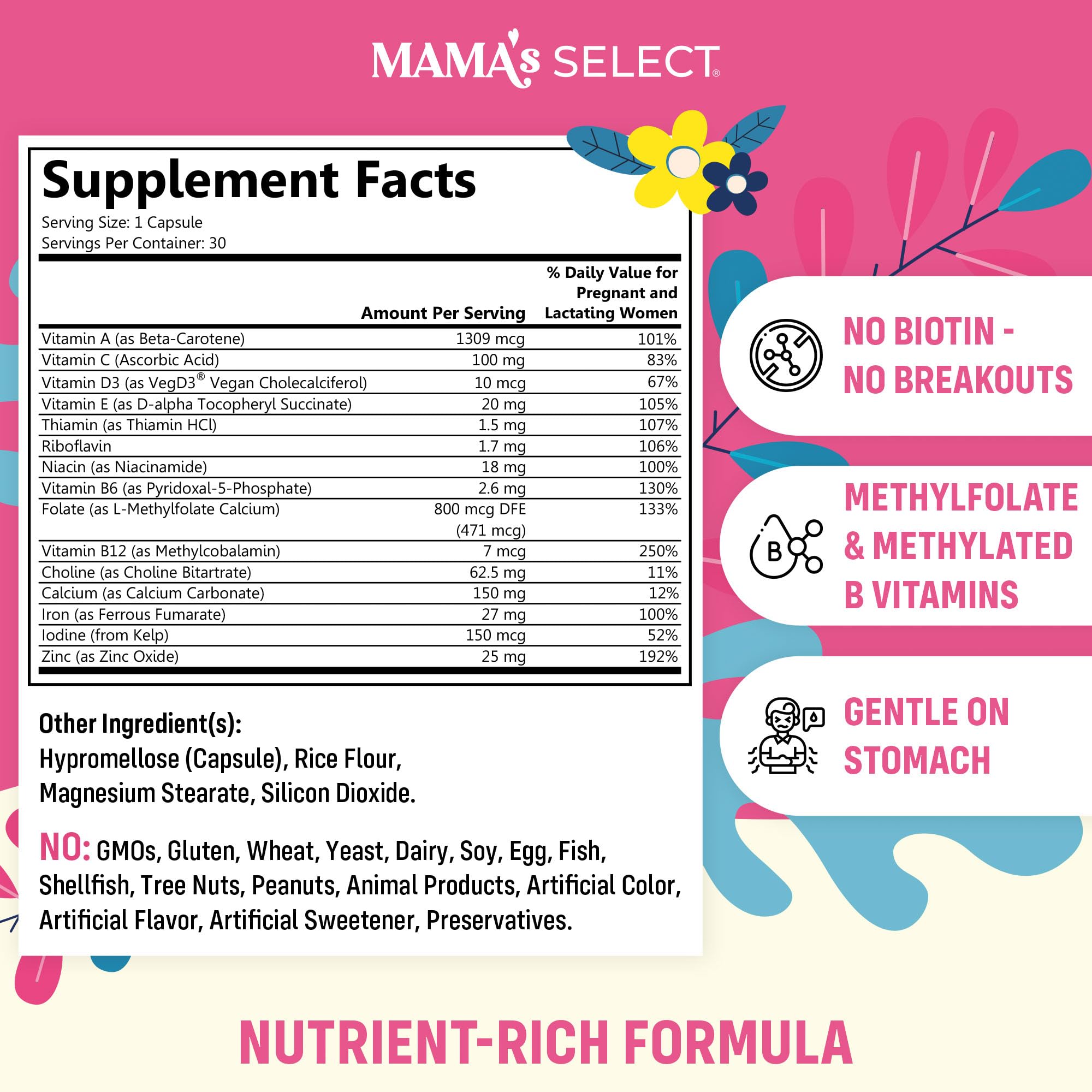 Mama's Select Prenatal capsule closeup highlights small vegan capsule designed for comfort.