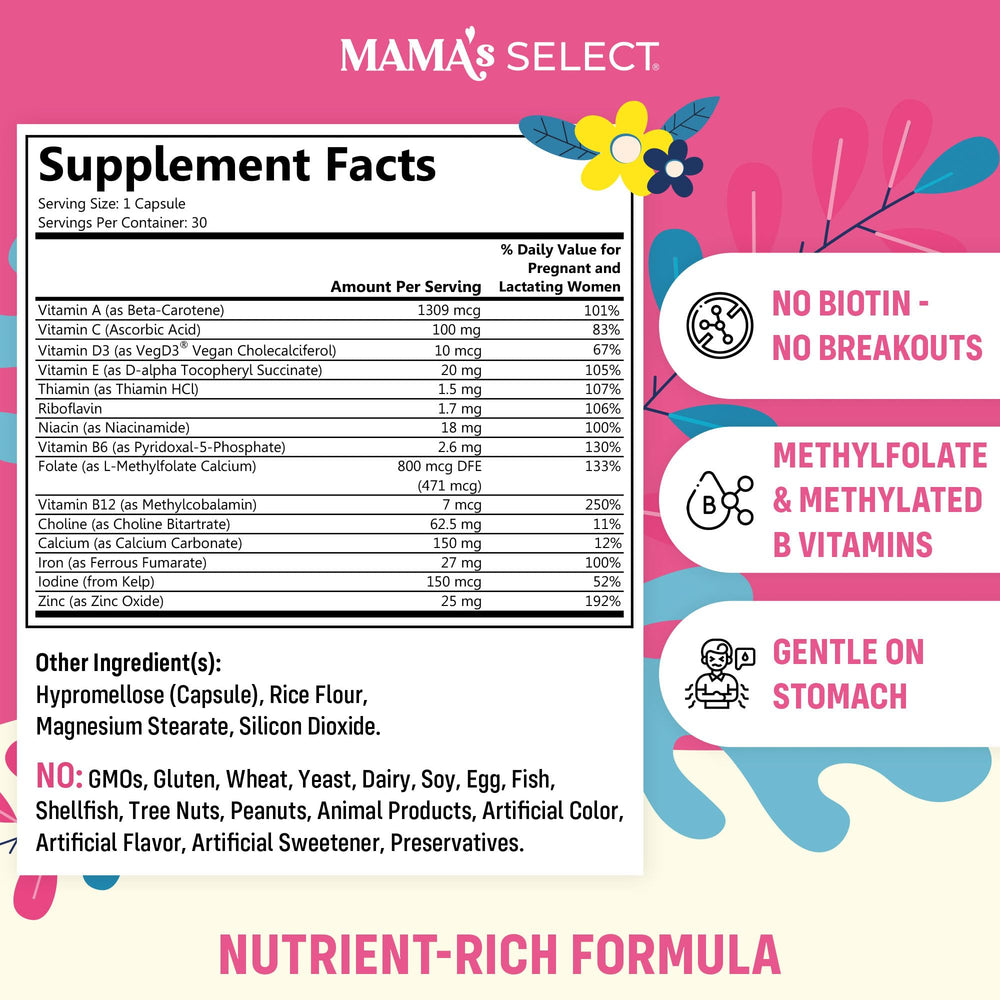 Mama's Select Prenatal capsule closeup highlights small vegan capsule designed for comfort.