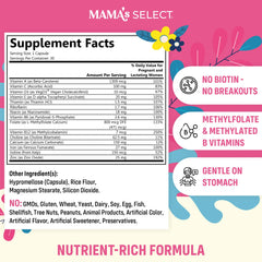 Mama's Select Prenatal capsule closeup highlights small vegan capsule designed for comfort.
