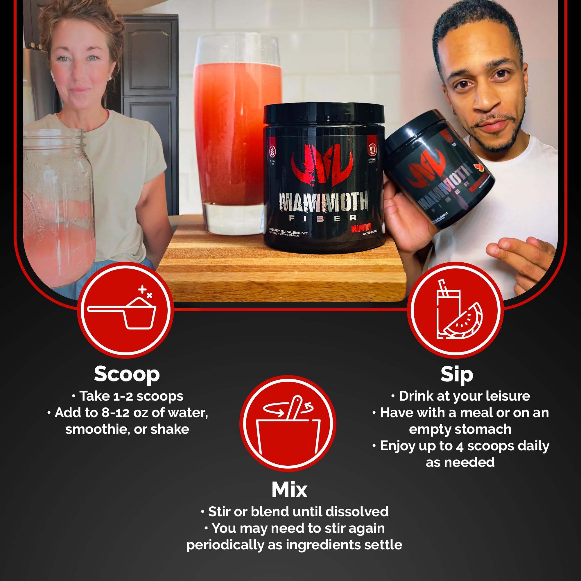 Mammoth Fiber watermelon mix demonstrates blending with MCT and prebiotics.