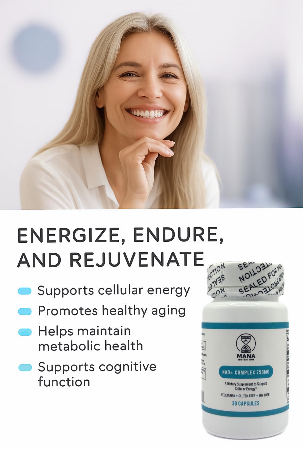 Mana NAD+ Complex front bottle on a clean surface for everyday energy.