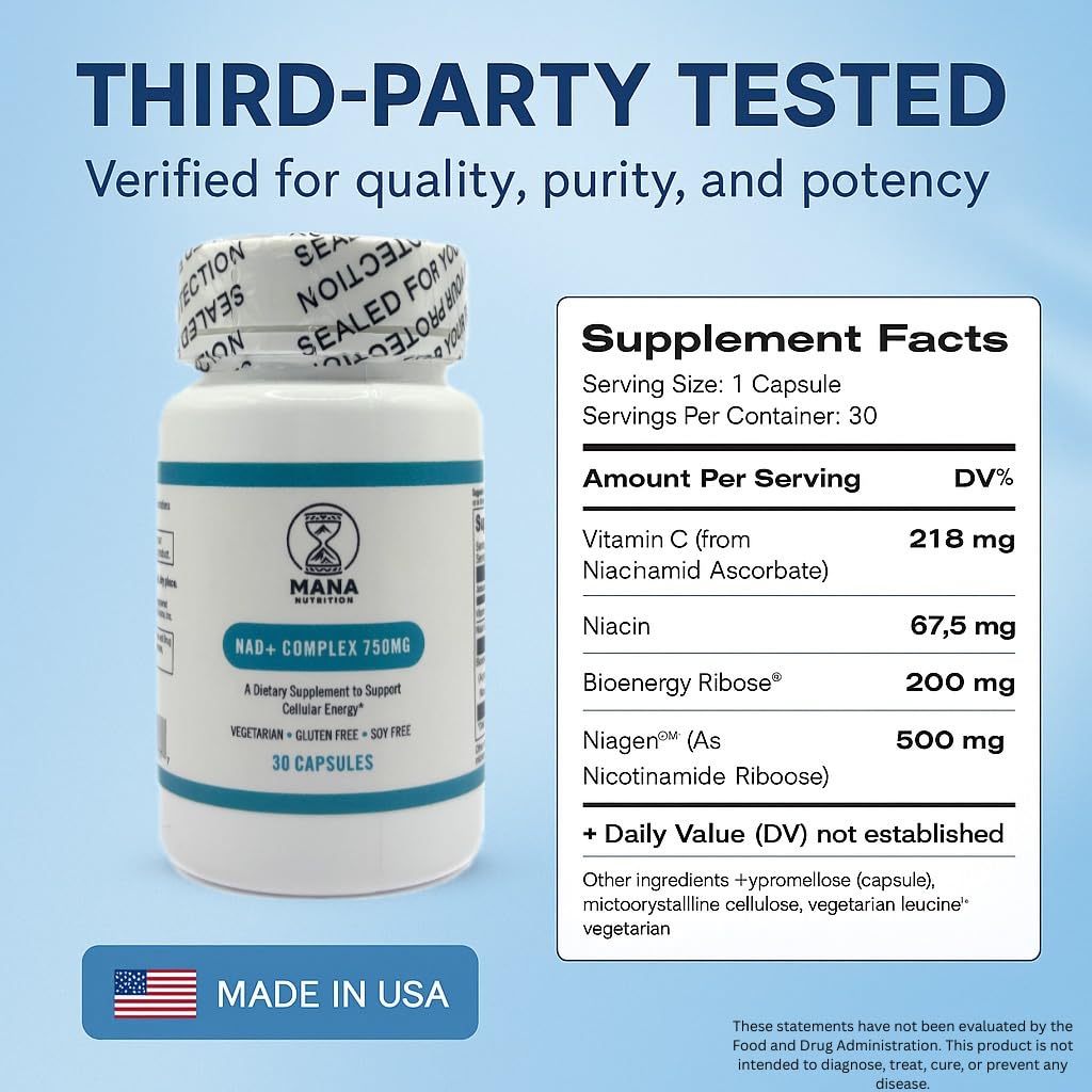 Mana NAD+ Complex ingredient imagery showing vegan gluten-free formula.