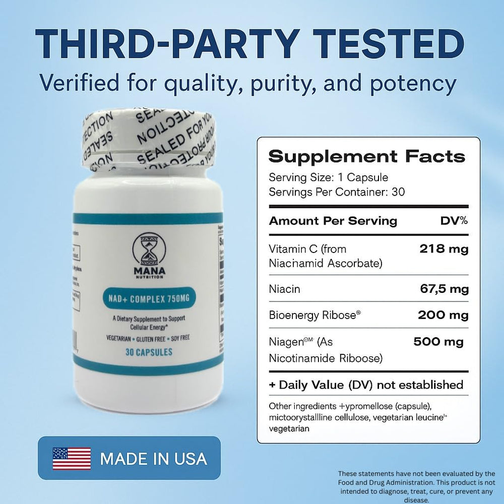 Mana NAD+ Complex ingredient imagery showing vegan gluten-free formula.