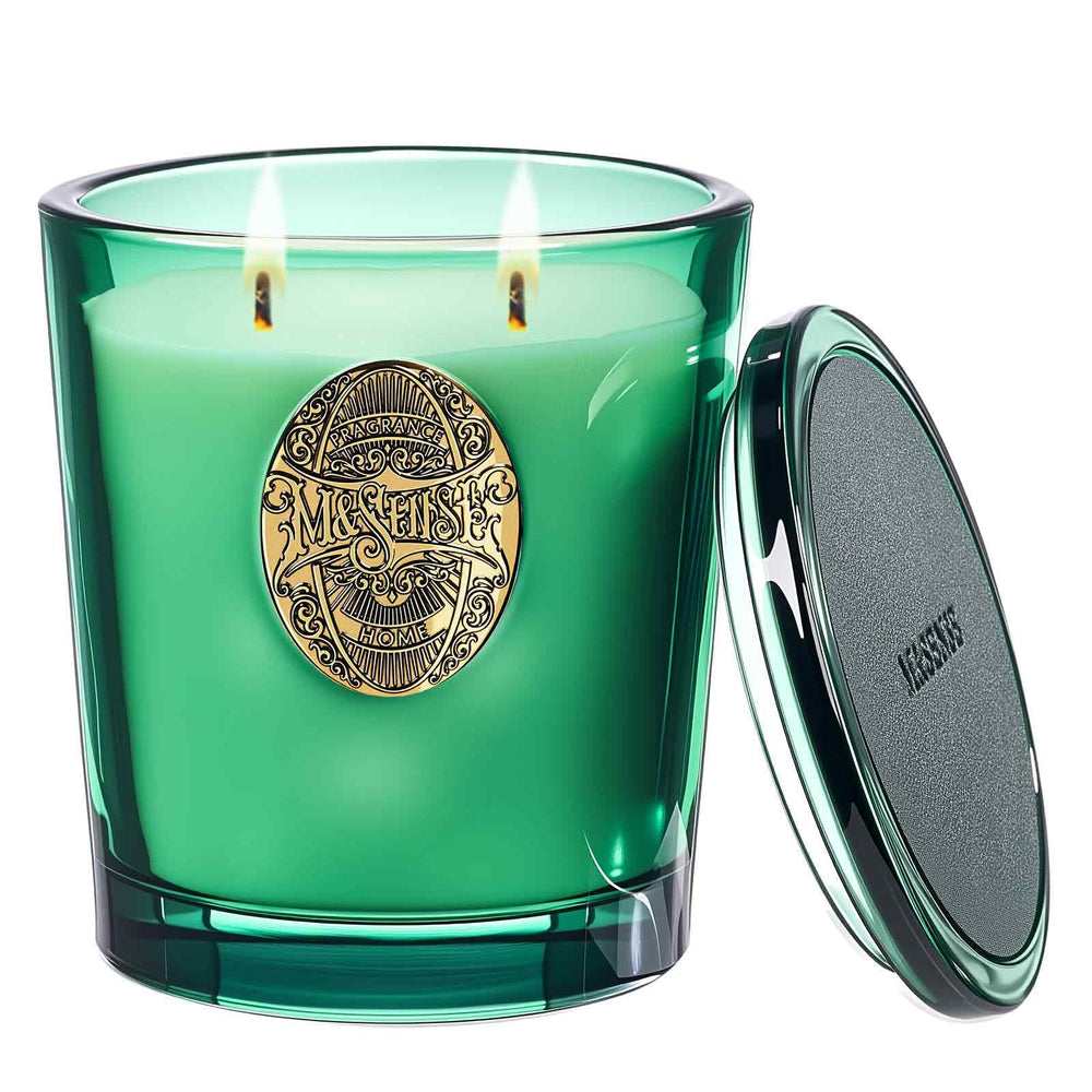 M&SENSE large two-wick soy candle with evergreen pine scent, ideal for relaxing spaces.