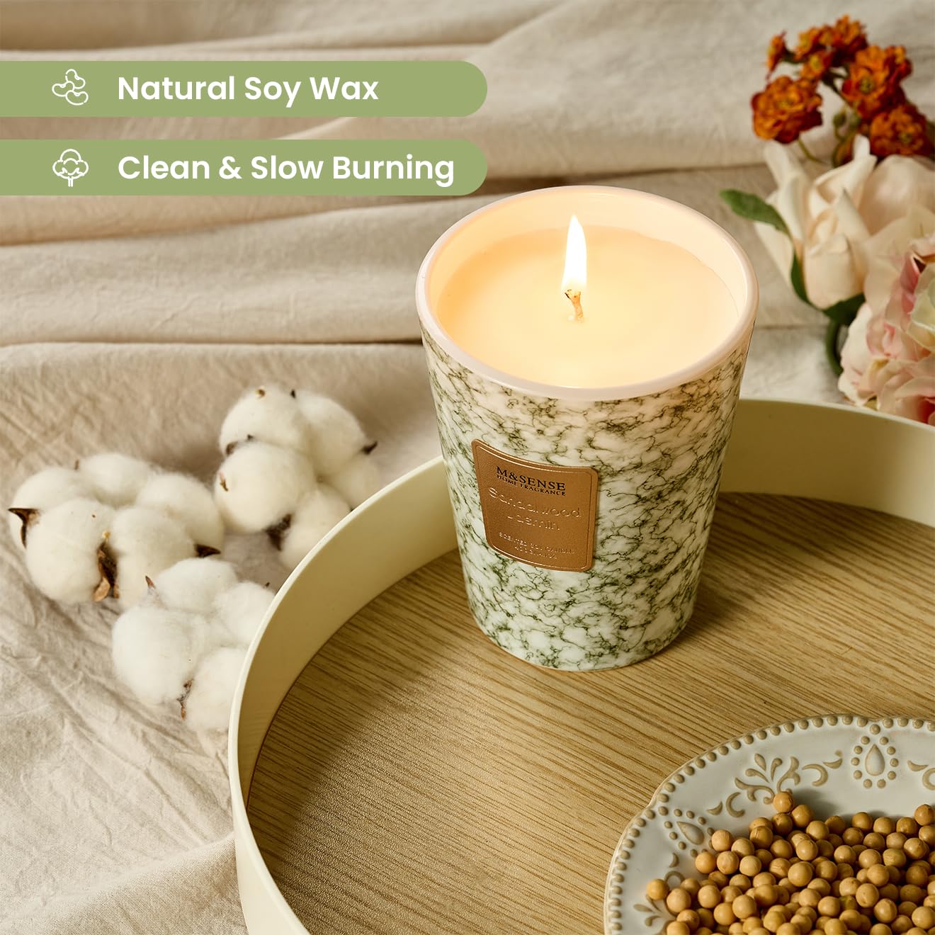 M&SENSE marble-texture jar candle adds a stylish home accent while burning.