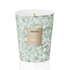 M&SENSE sandalwood jasmine scented soy candle with 3 wicks for long-lasting cozy fragrance.