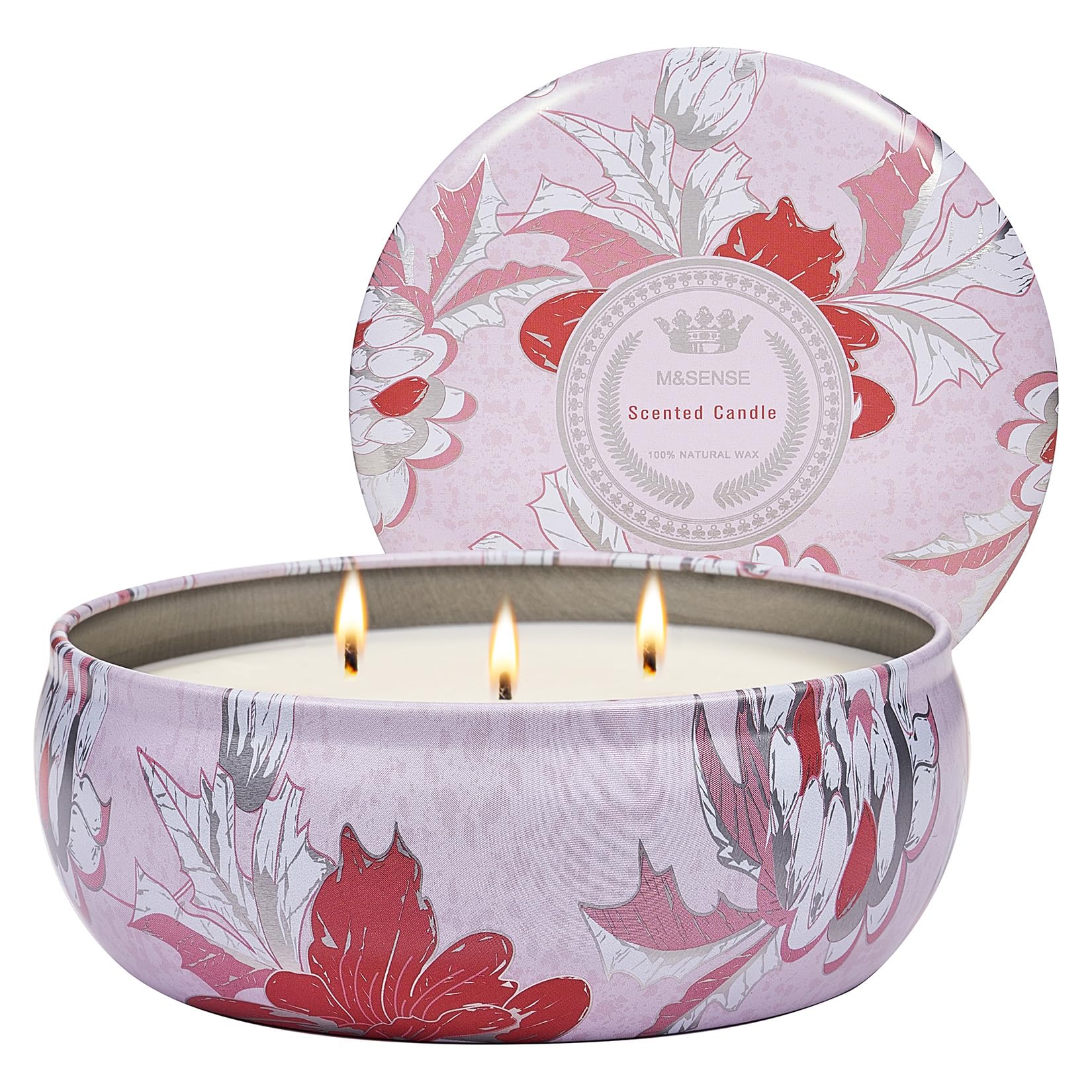 M&SENSE Strawberry Poundcake candle tin front view showing decorative pattern for chic ambience