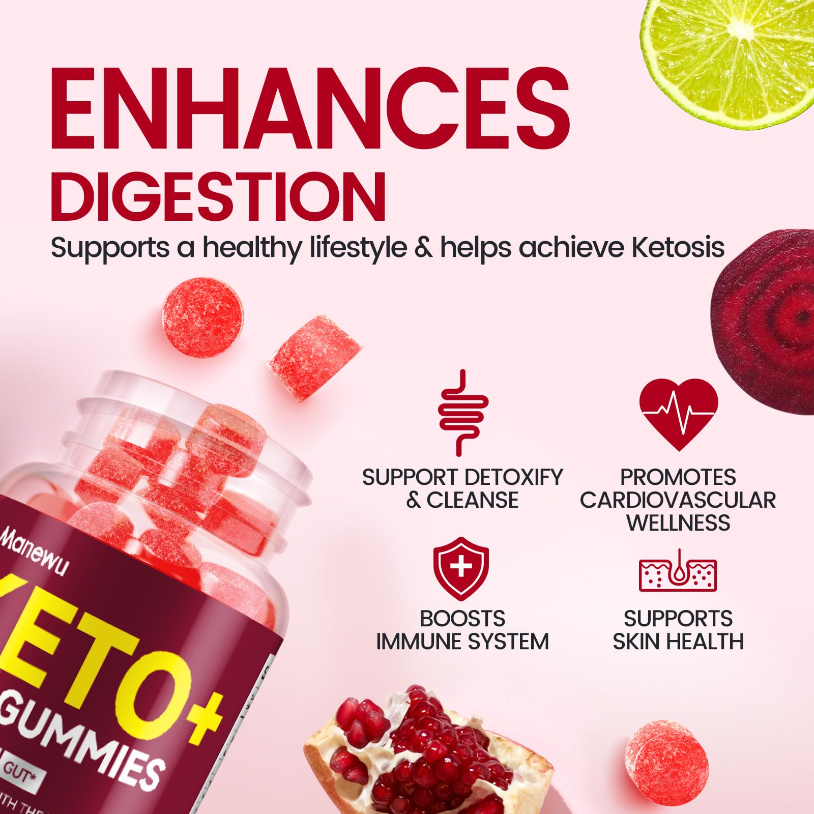 Ingredients scene showing beetroot, pomegranate, and B vitamins in Manewu gummies.