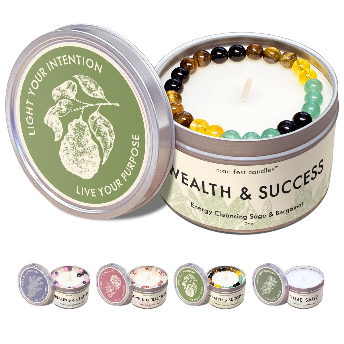 Manifest Candles Sage and Bergamot Money Candle with bracelet boosts prosperity rituals.