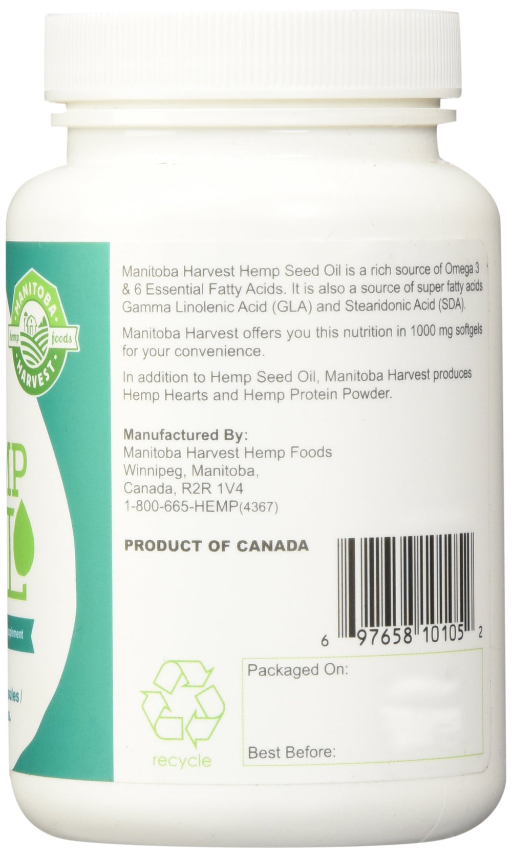 Close-up of Manitoba Harvest hemp oil softgels, balanced omega-3 and omega-6