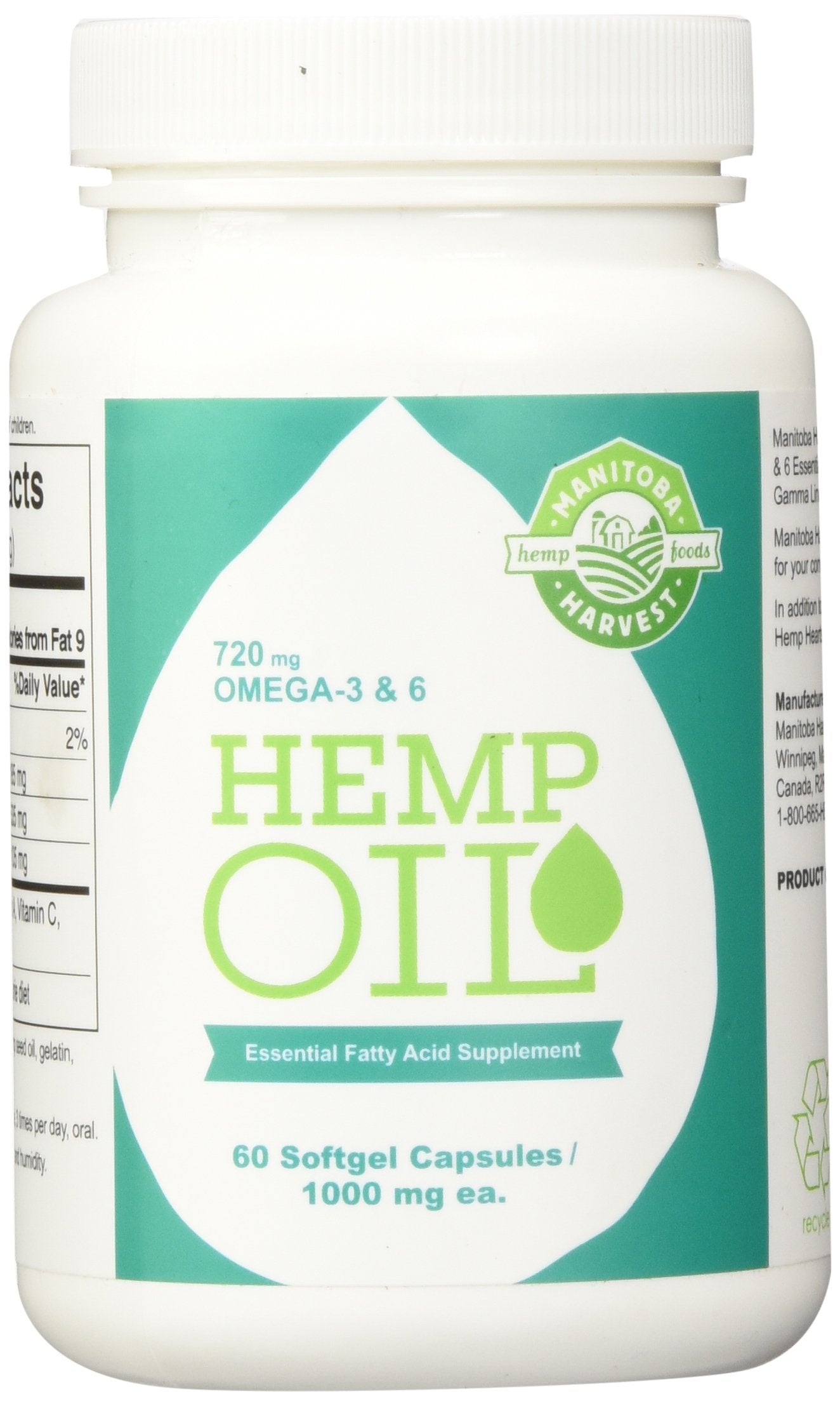 Manitoba Harvest hemp oil softgel bottle on table, travel-friendly omega support
