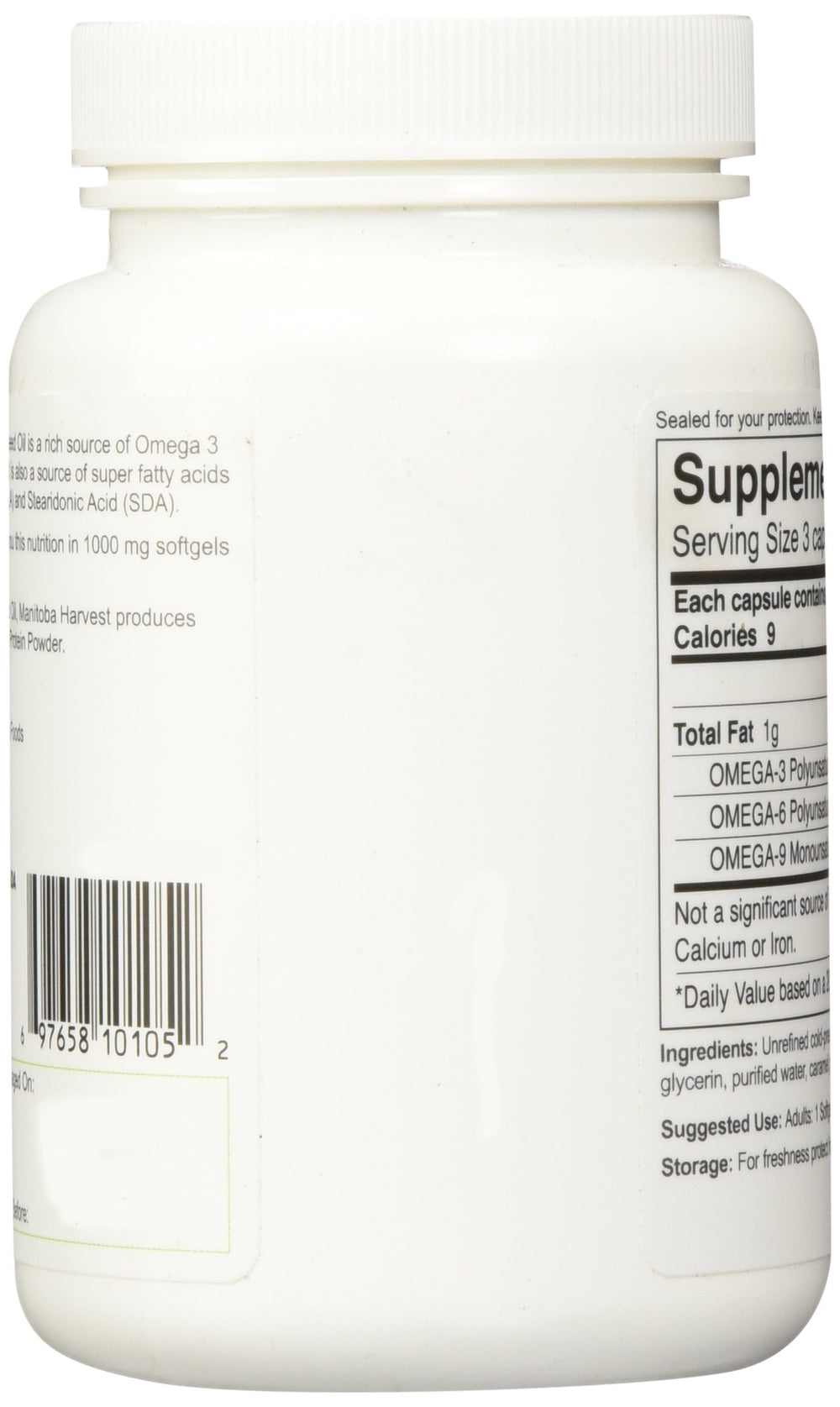 Manitoba Harvest hemp oil softgel bottle, Non-GMO verification and sustainable sourcing