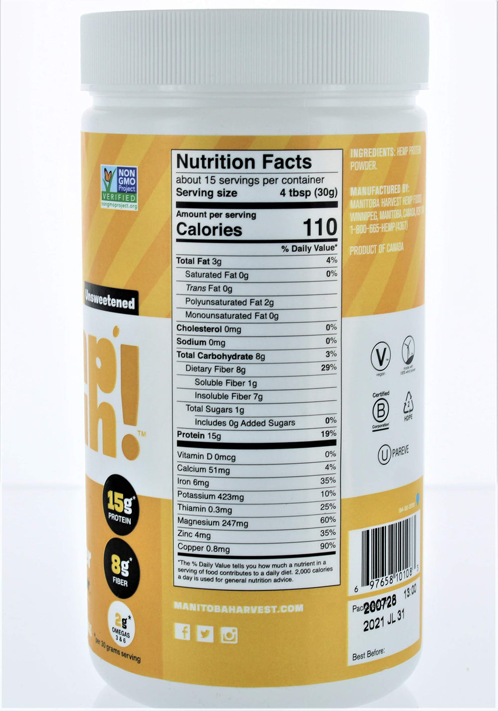 Manitoba Harvest hemp protein powder pack nutrition facts view, clean label for mindful eating.
