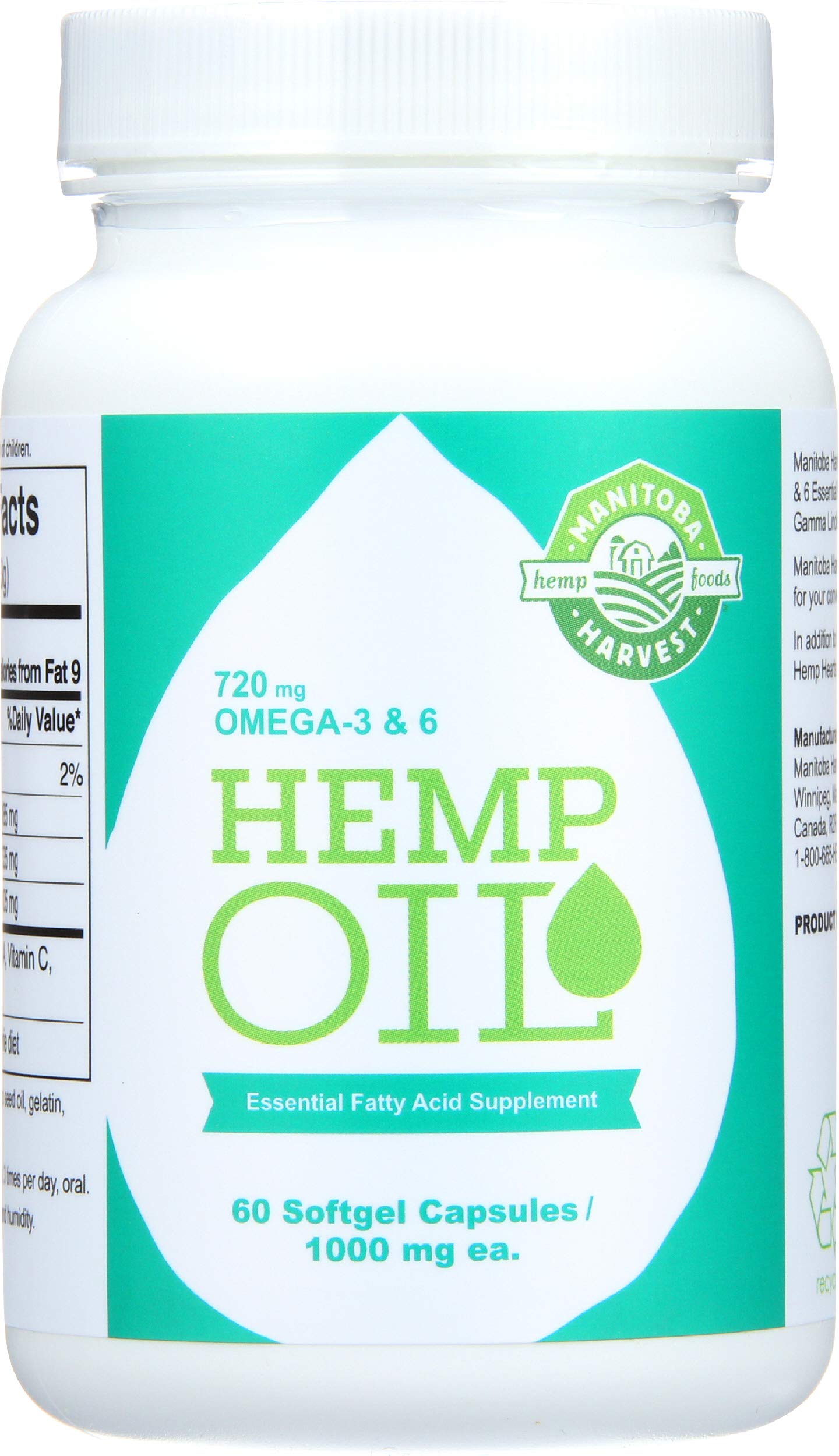 Manitoba Harvest hemp seed oil capsules bottle shows a convenient 60-count package for daily use.