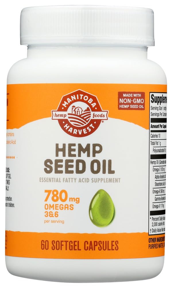 Manitoba Harvest hemp seed oil softgel bottle, convenient omega-3 and omega-6 source.