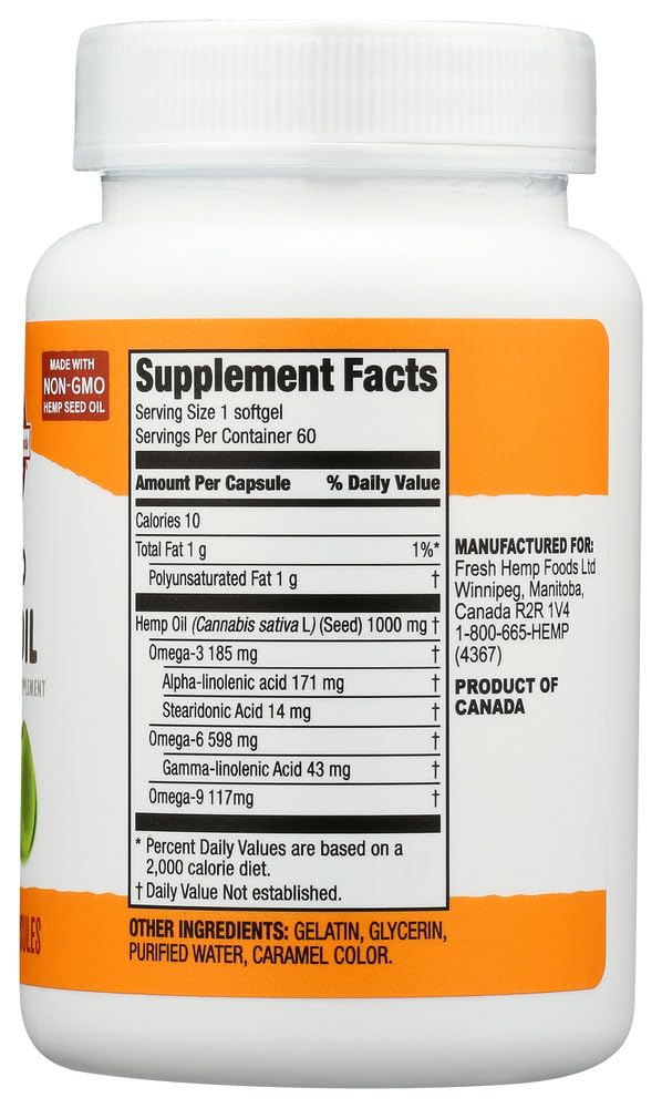 Manitoba Harvest hemp seed oil softgel ingredient-list, shows omega-3 and omega-6 balance.