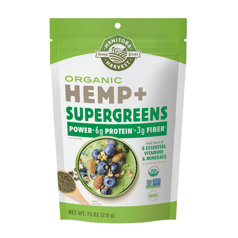 Manitoba Harvest Hemp+ Supergreens powder front label highlighting organic protein and greens for daily nutrition.