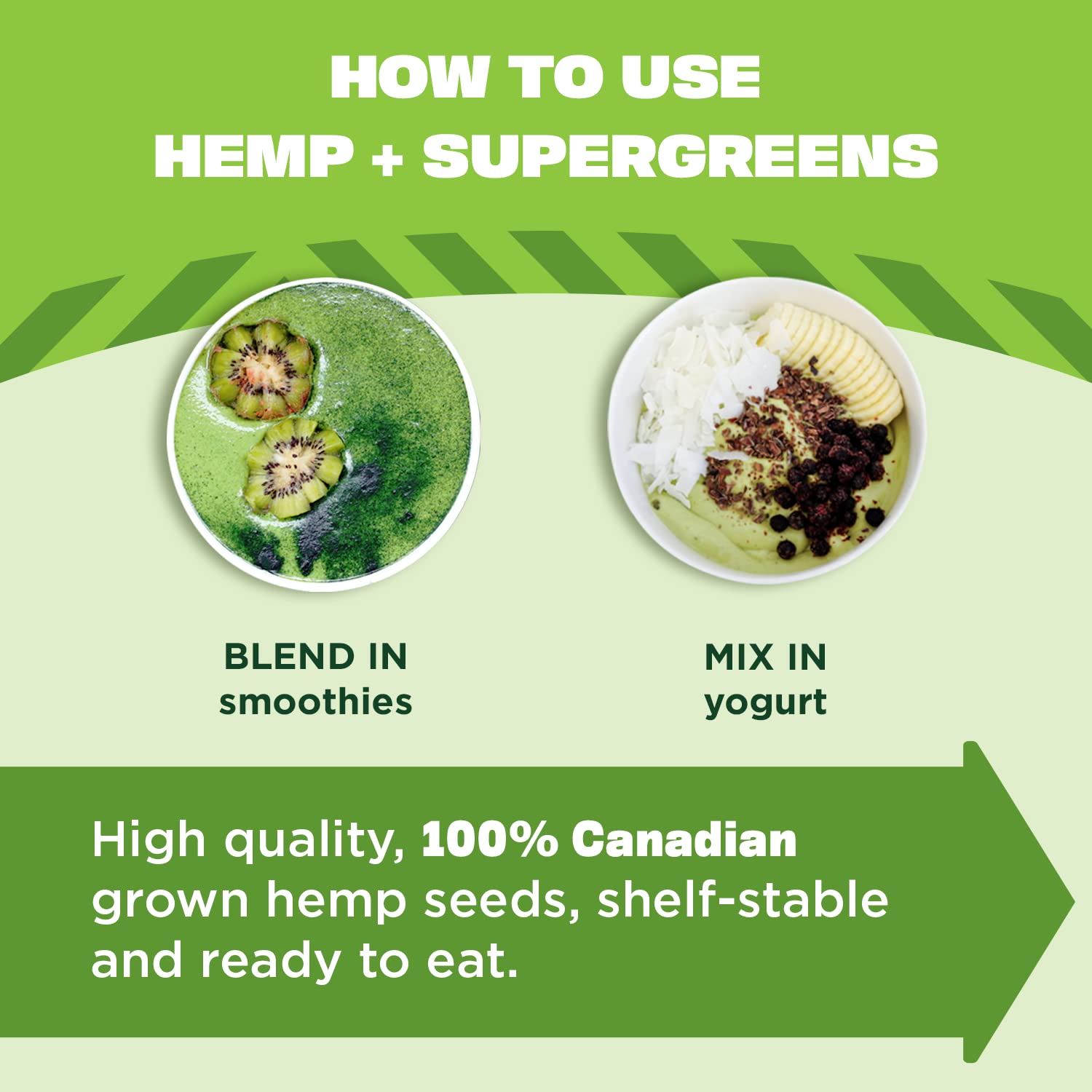 Manitoba Harvest Hemp+ Supergreens in mixer blends into creamy plant-based breakfasts.