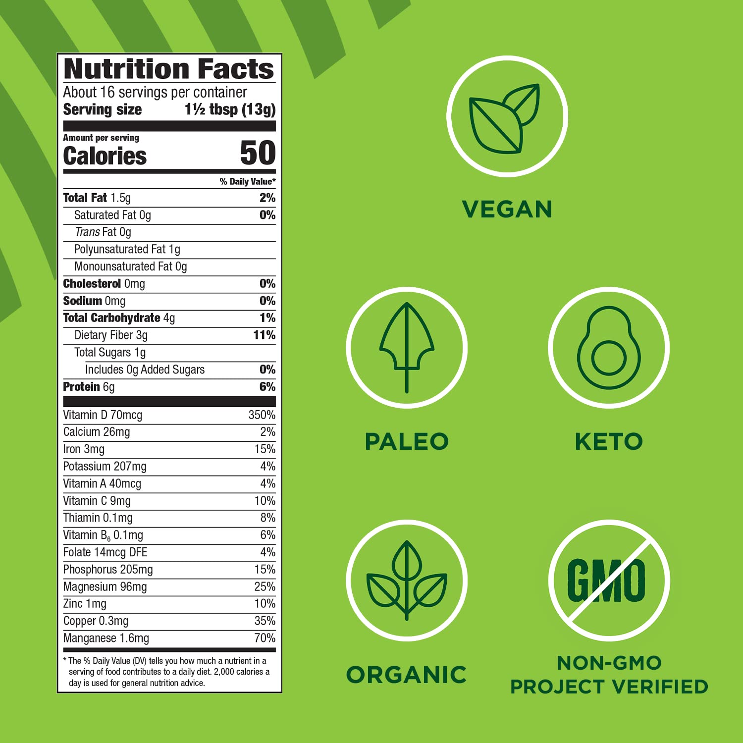 Manitoba Harvest Hemp+ Supergreens nutrition panel quick glance at protein, fiber, and vitamins.