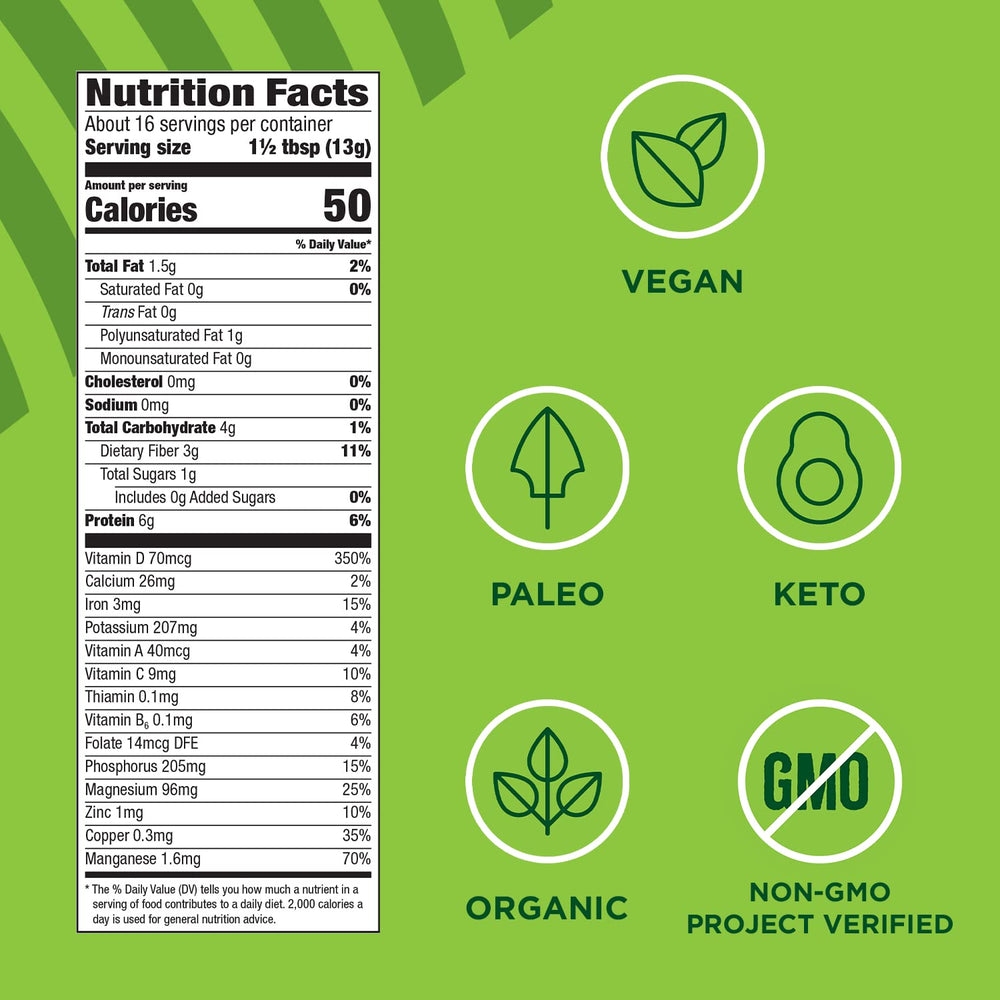 Manitoba Harvest Hemp+ Supergreens nutrition panel quick glance at protein, fiber, and vitamins.