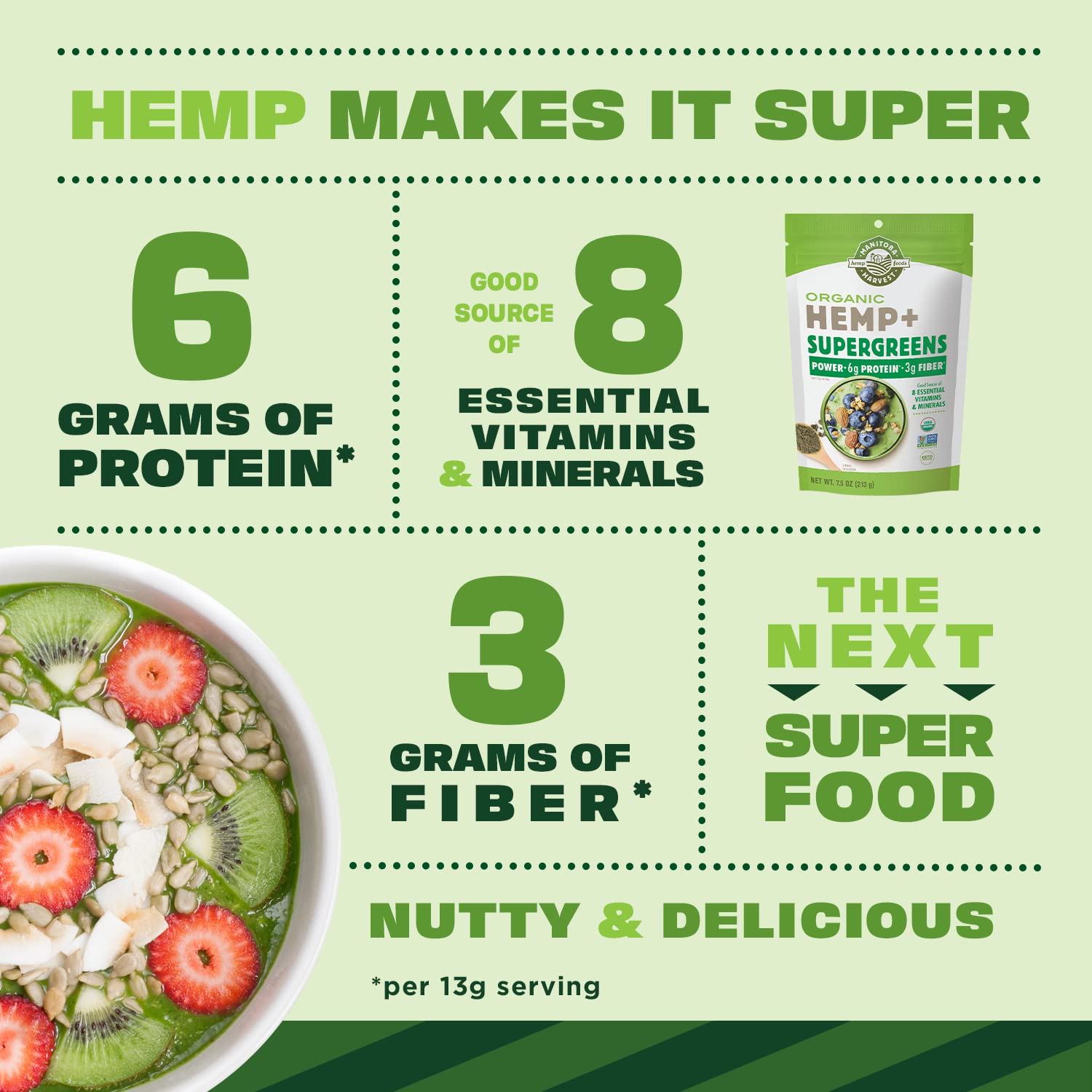 Manitoba Harvest Hemp+ Supergreens serving scoop easy measurement for smoothies and shakes.