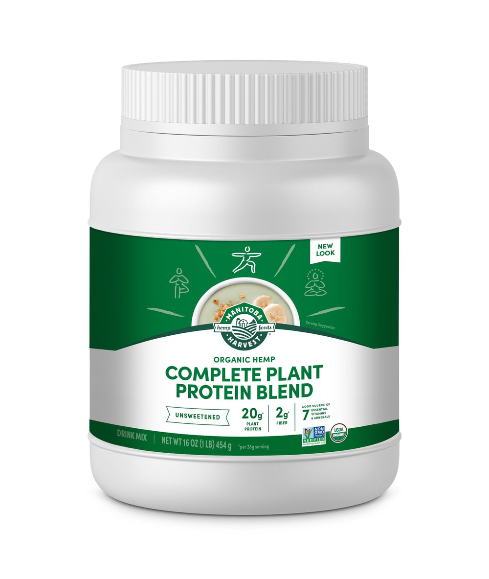 Manitoba Harvest Hemp Yeah organic protein powder tub showing complete plant based protein for smoothies