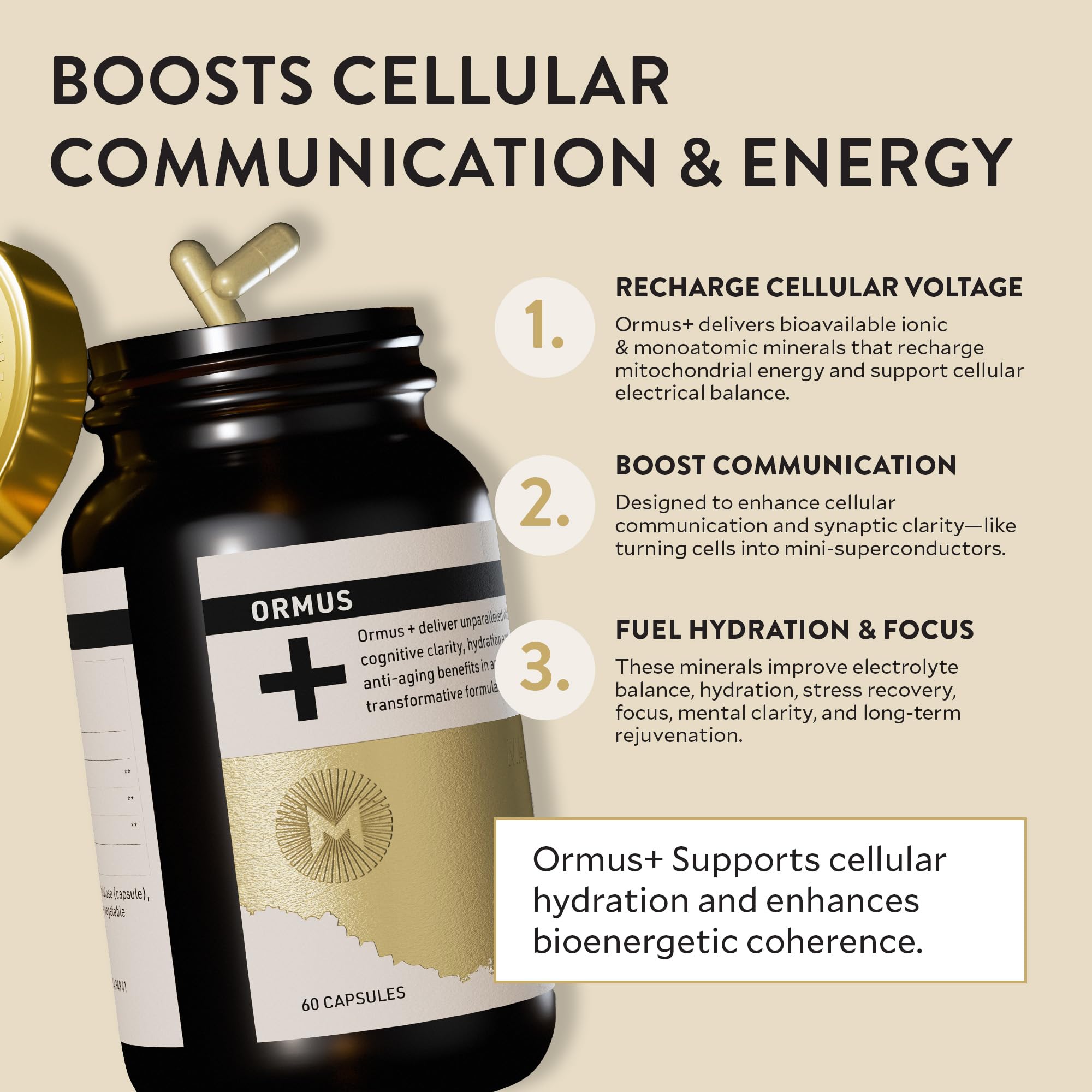 Manna Vitality Ormus+ capsules in a glass of water emphasizing hydration