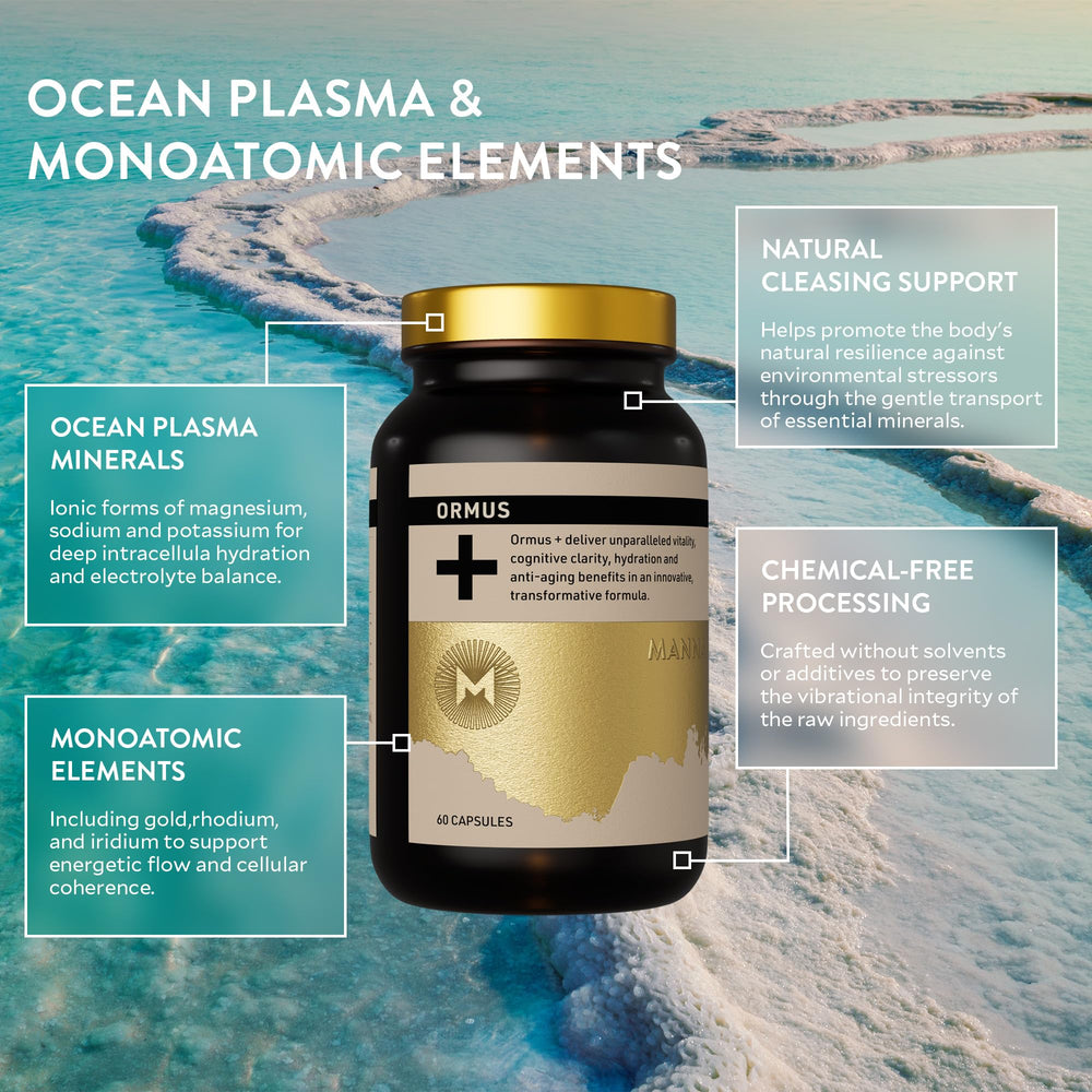 Manna Vitality Ormus+ capsules label detailing minerals
