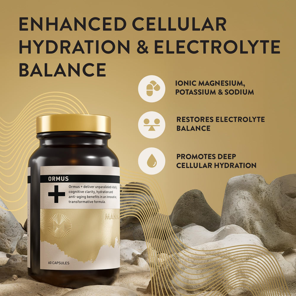 Manna Vitality Ormus+ capsules packaging box on a clean surface