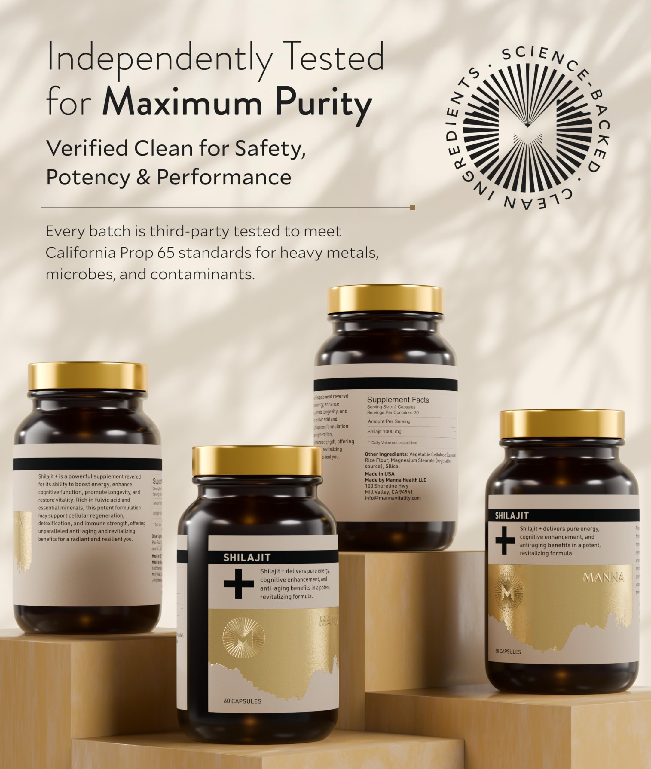 Manna Vitality Shilajit+ Capsules close-up reveals fulvic acid content