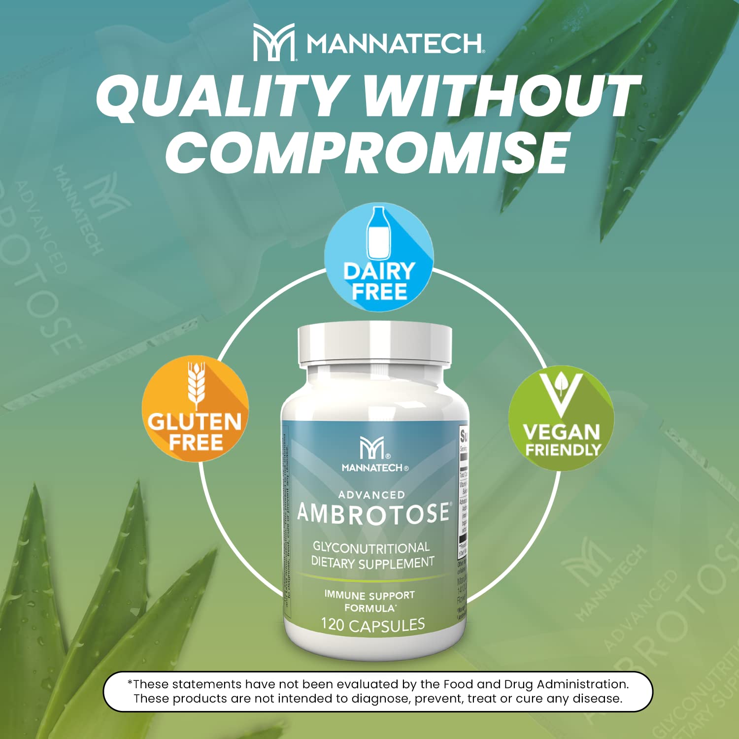 Mannatech Advanced Ambrotose 120 capsules ingredients emphasize aloe vera and vitamin blend.