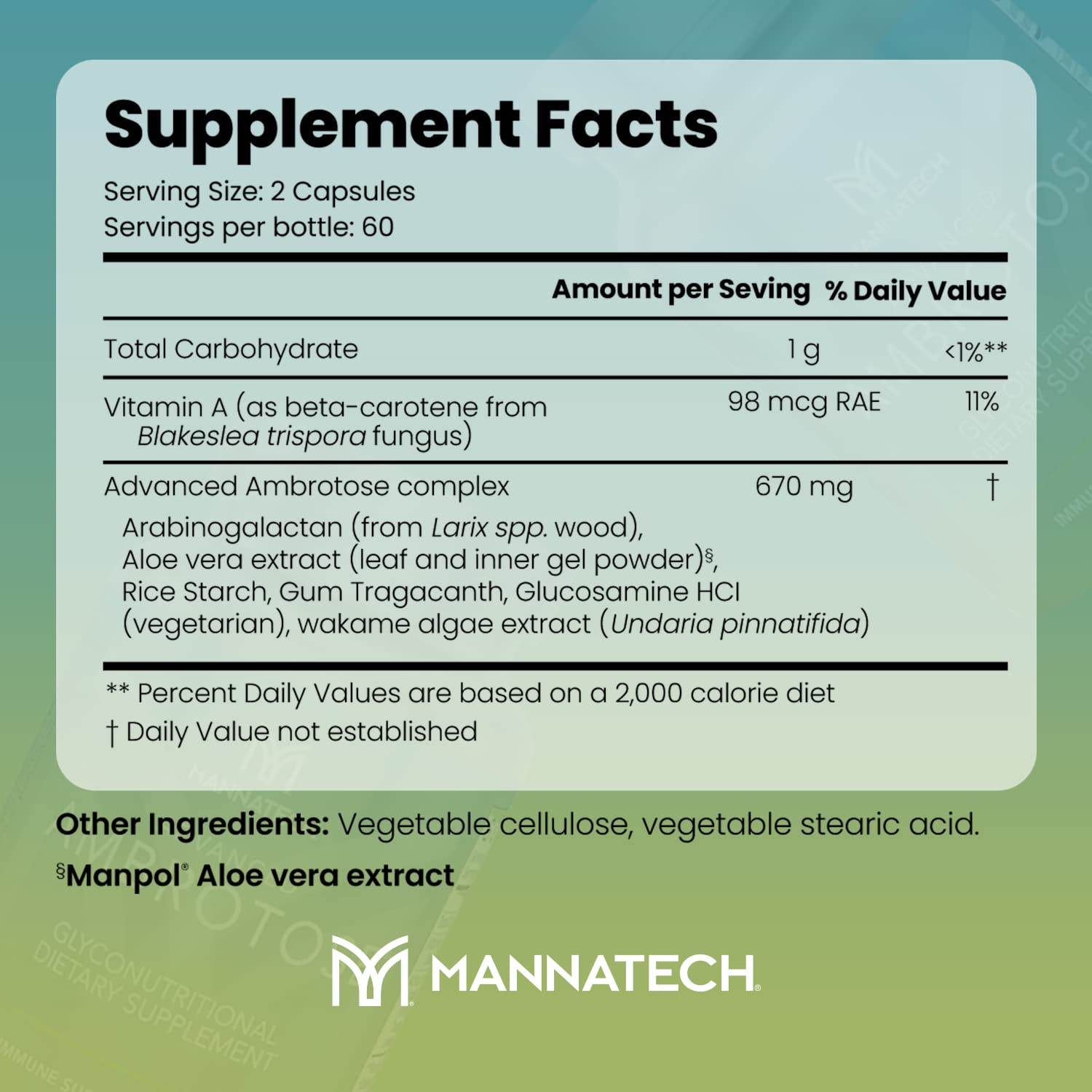 Mannatech Advanced Ambrotose 120 capsules side view shows convenient daily supplement.
