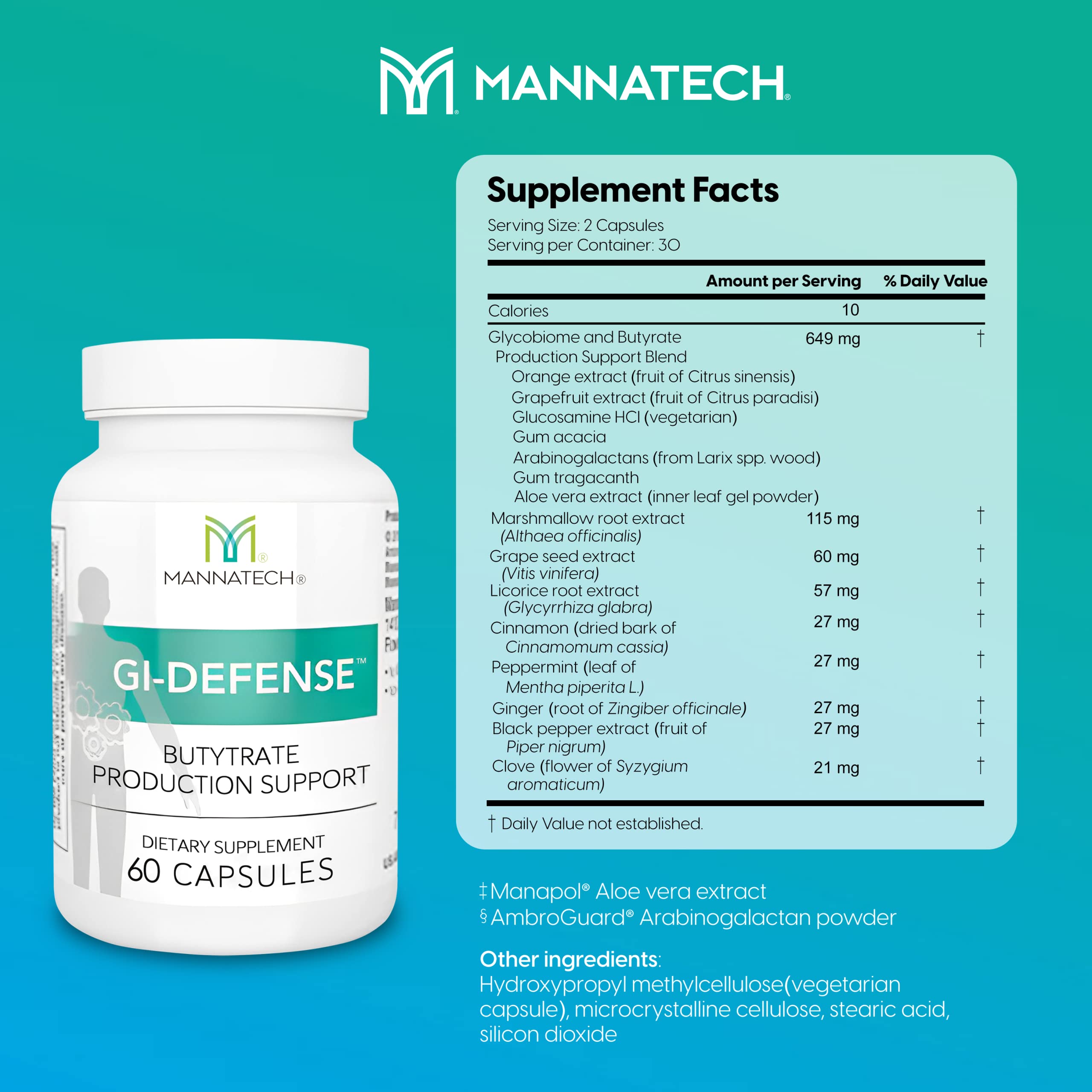 Mannatech Butyrate supplement label close-up highlighting blend features.