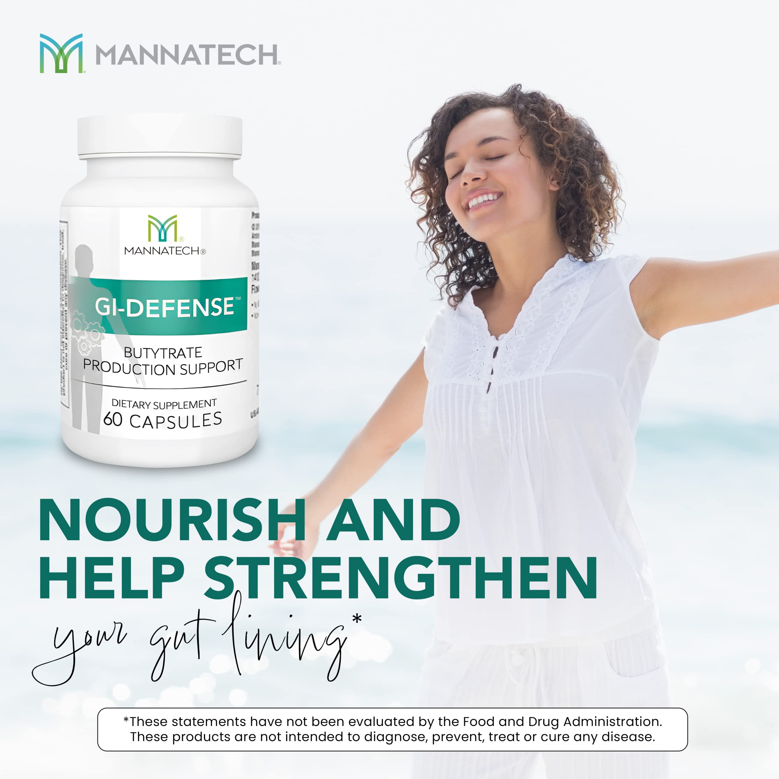 Mannatech Butyrate supplement being poured, suggesting easy daily use for digestive comfort.
