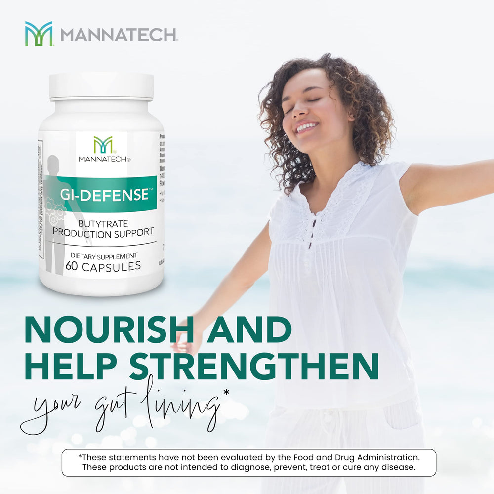 Mannatech Butyrate supplement being poured, suggesting easy daily use for digestive comfort.