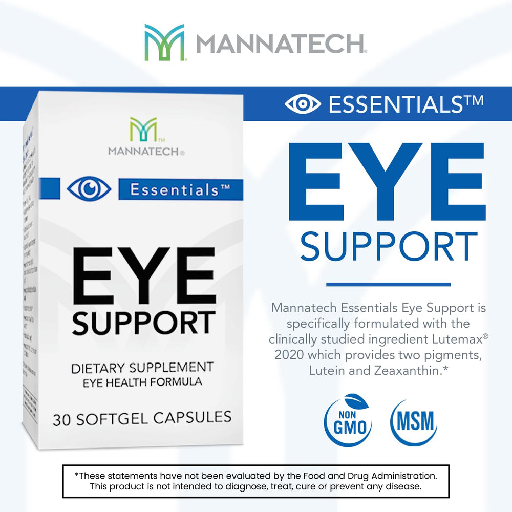 Mannatech Eye Care bottle label close-up emphasizing lutein and zeaxanthin.
