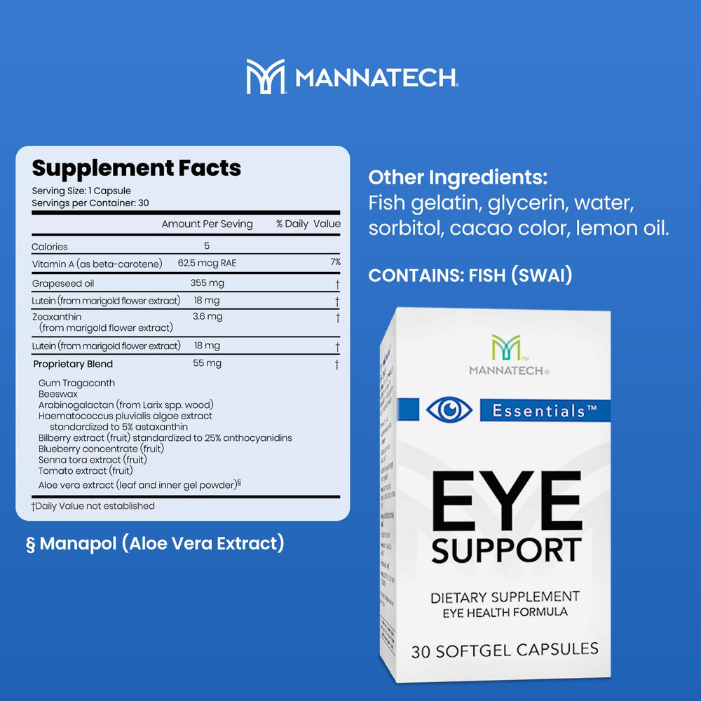 Mannatech Eye Care softgels close-up highlighting easy daily dosage.