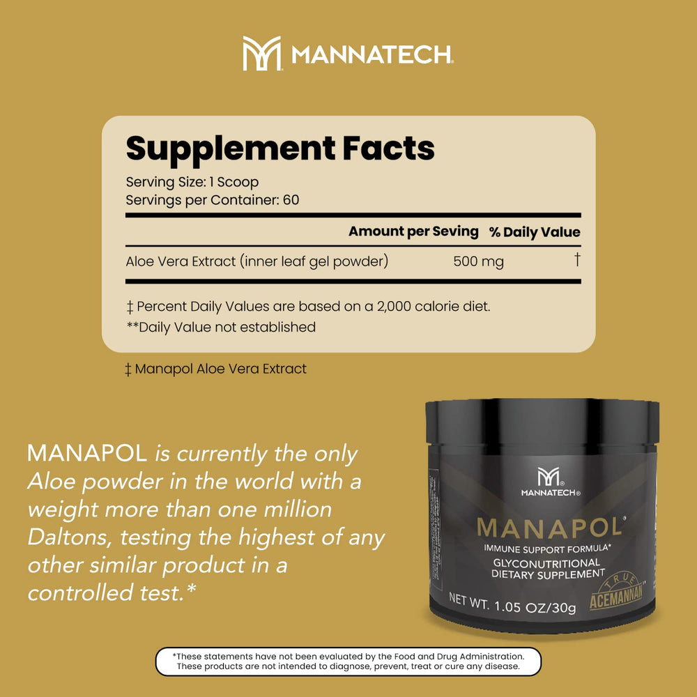 Mannatech Manapol aloe vera powder with measuring scoop for convenience.