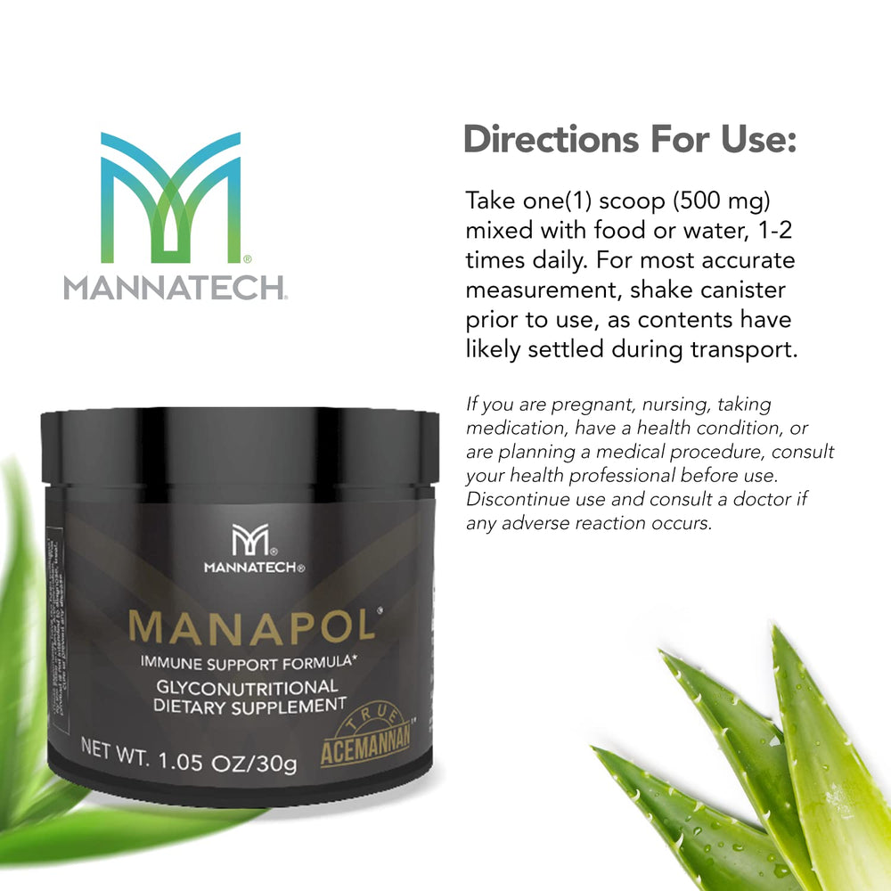 Mannatech Manapol label highlights glycans and mannose content.