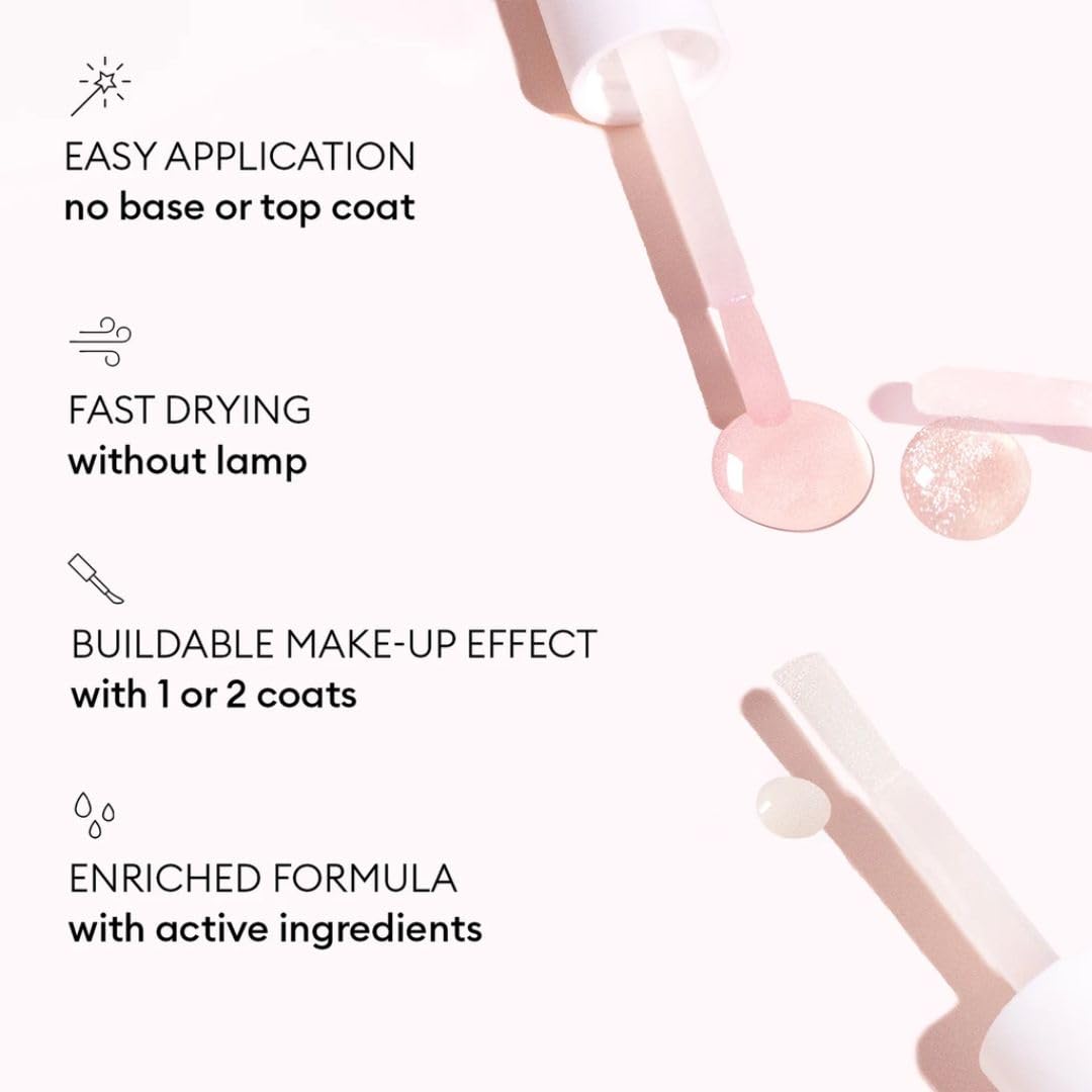 Application on bare nails shows quick dry, glossy plump effect.