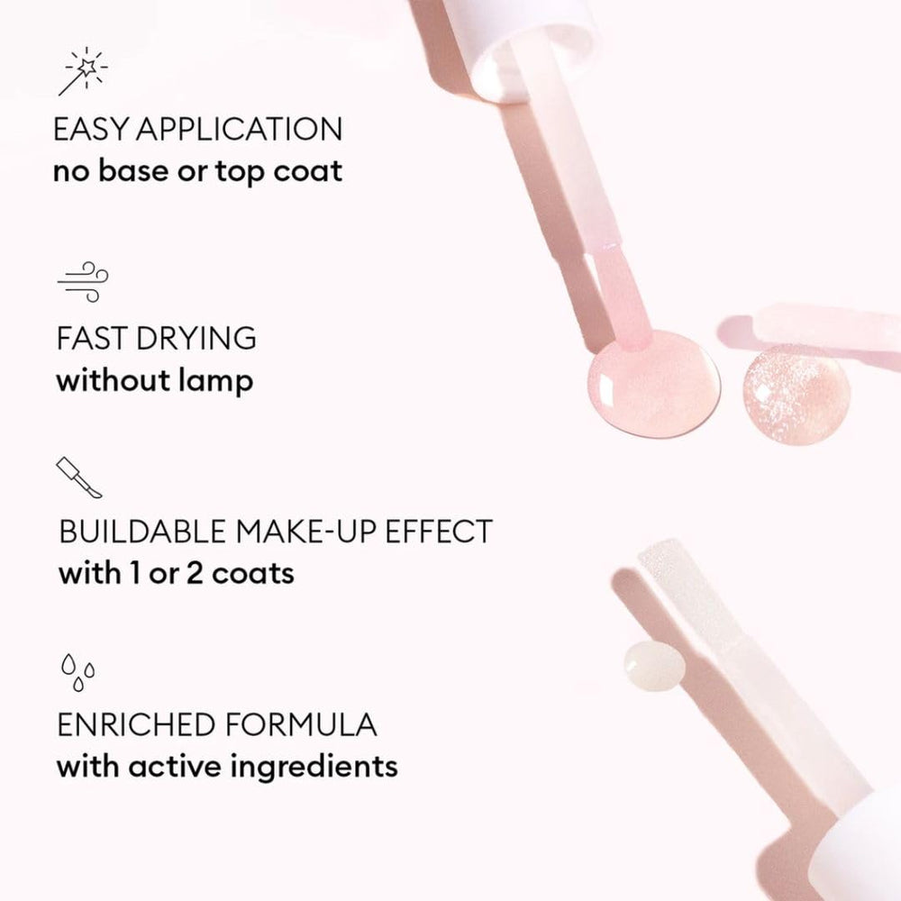 Application on bare nails shows quick dry, glossy plump effect.