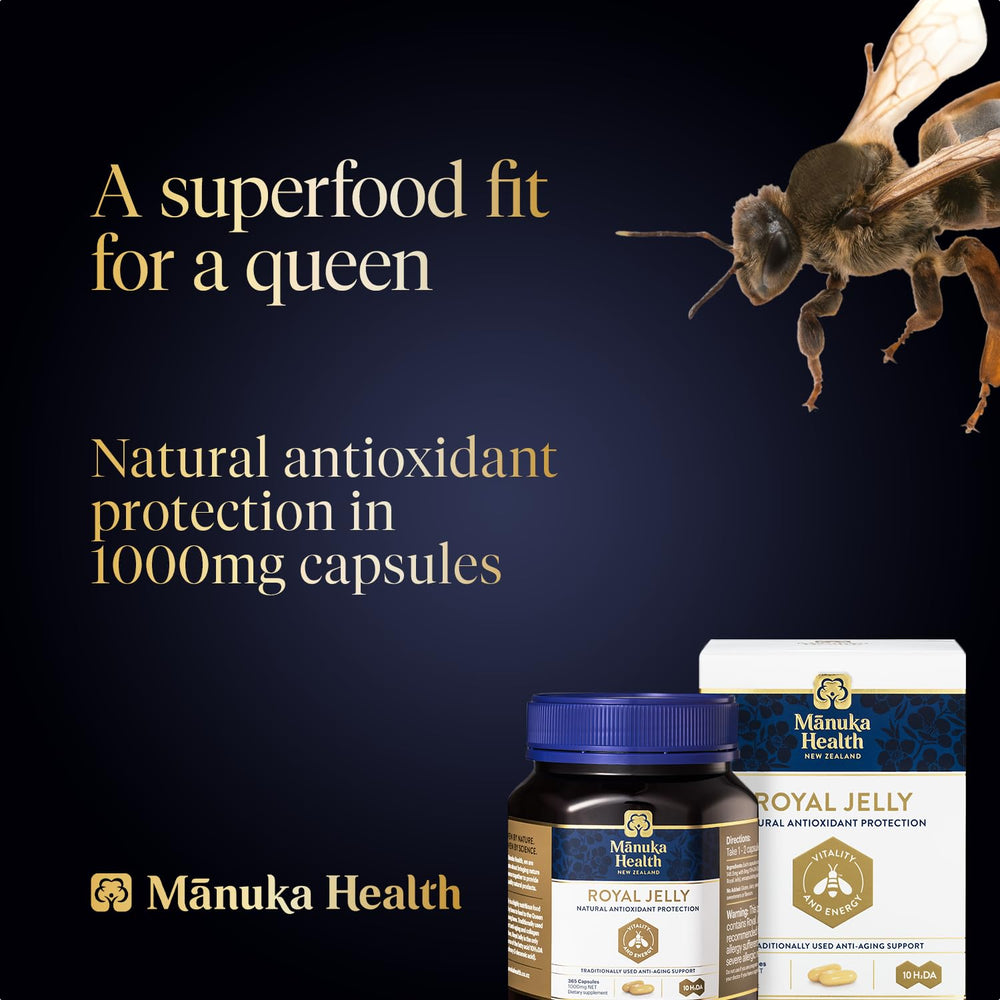Close-up of Manuka Health Royal Jelly Capsules bottle highlighting capsule texture.