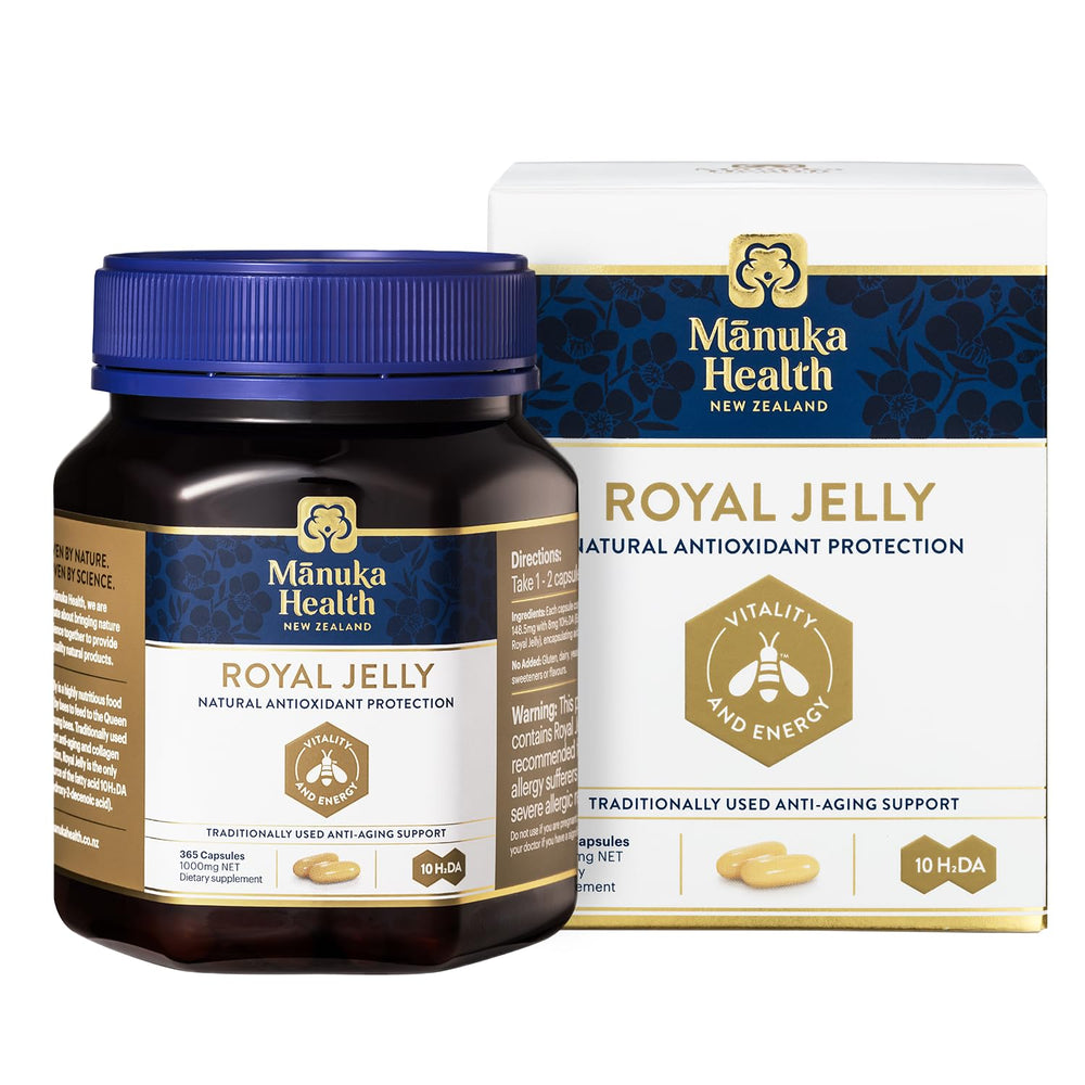 Manuka Health Royal Jelly Capsules bottle front showing 1000 mg potency for daily vitality.