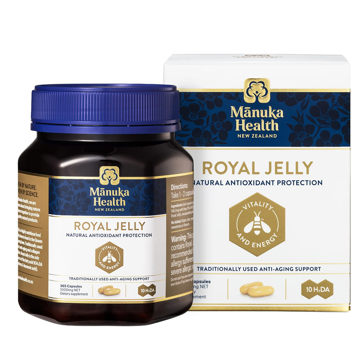 Manuka Health Royal Jelly Capsules bottle front showing 1000 mg potency for daily vitality.