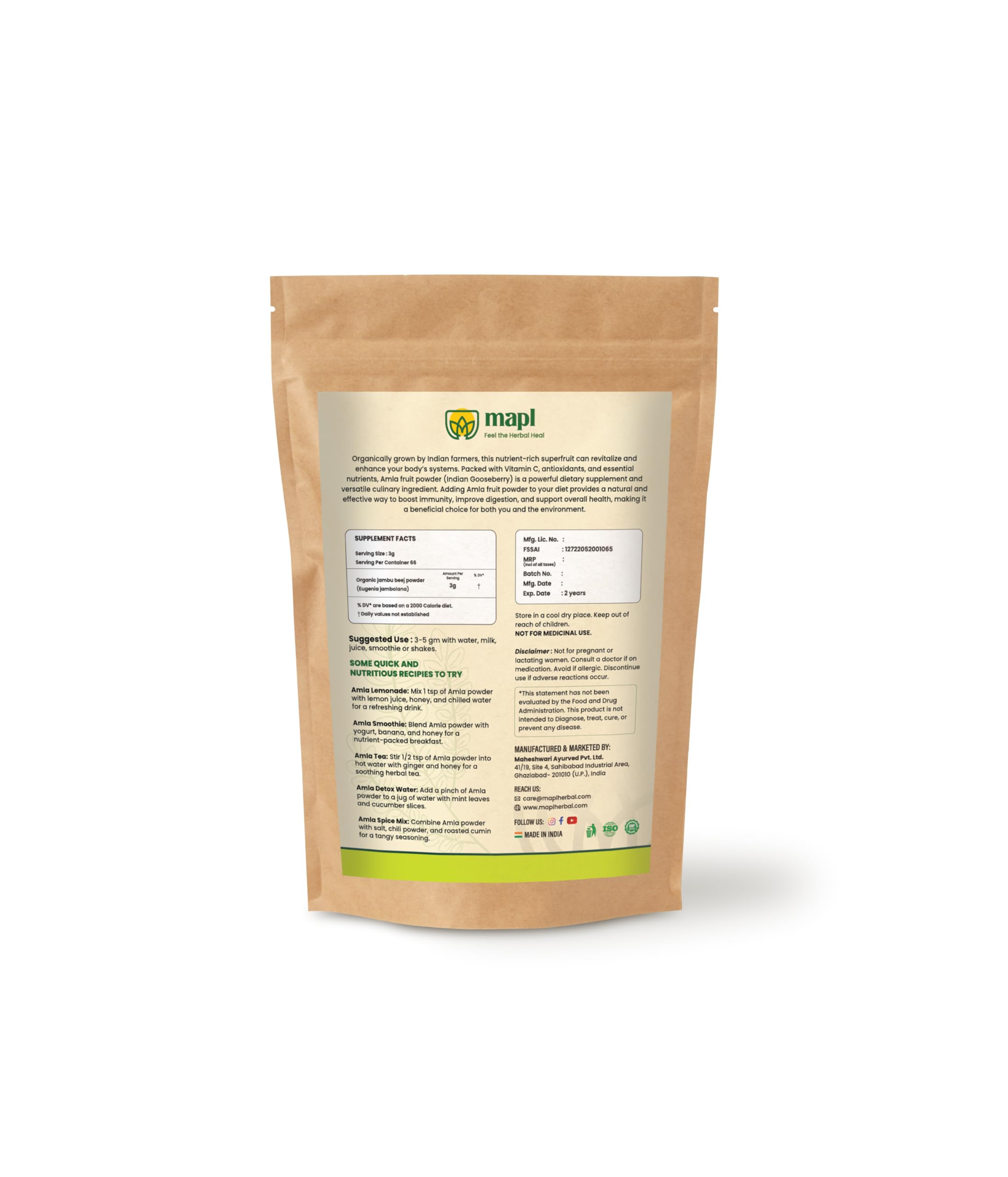 MAPL Amla Powder pouch opened showing fine powder for smoothies and teas