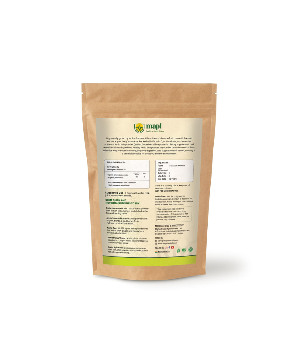 MAPL Amla Powder pouch opened showing fine powder for smoothies and teas