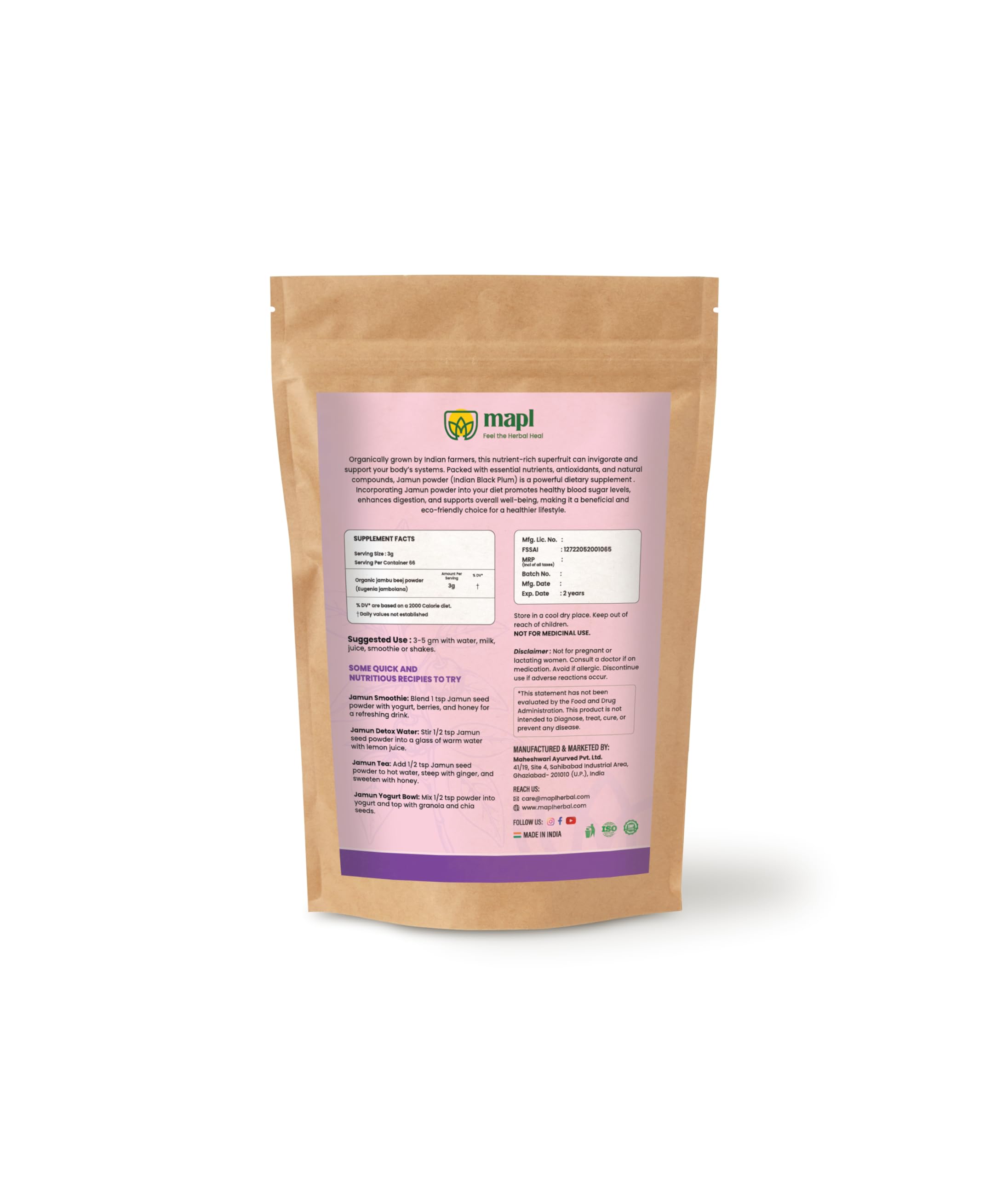 MAPL Jamun Powder scoop beside jar ideal for smoothies and baking.
