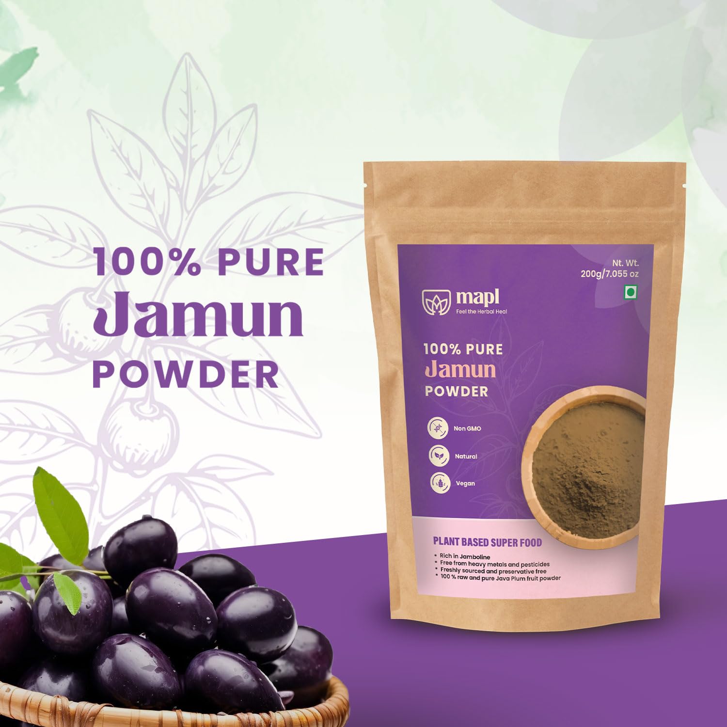 MAPL Jamun Powder stirred into a berry smoothie for flavor depth.