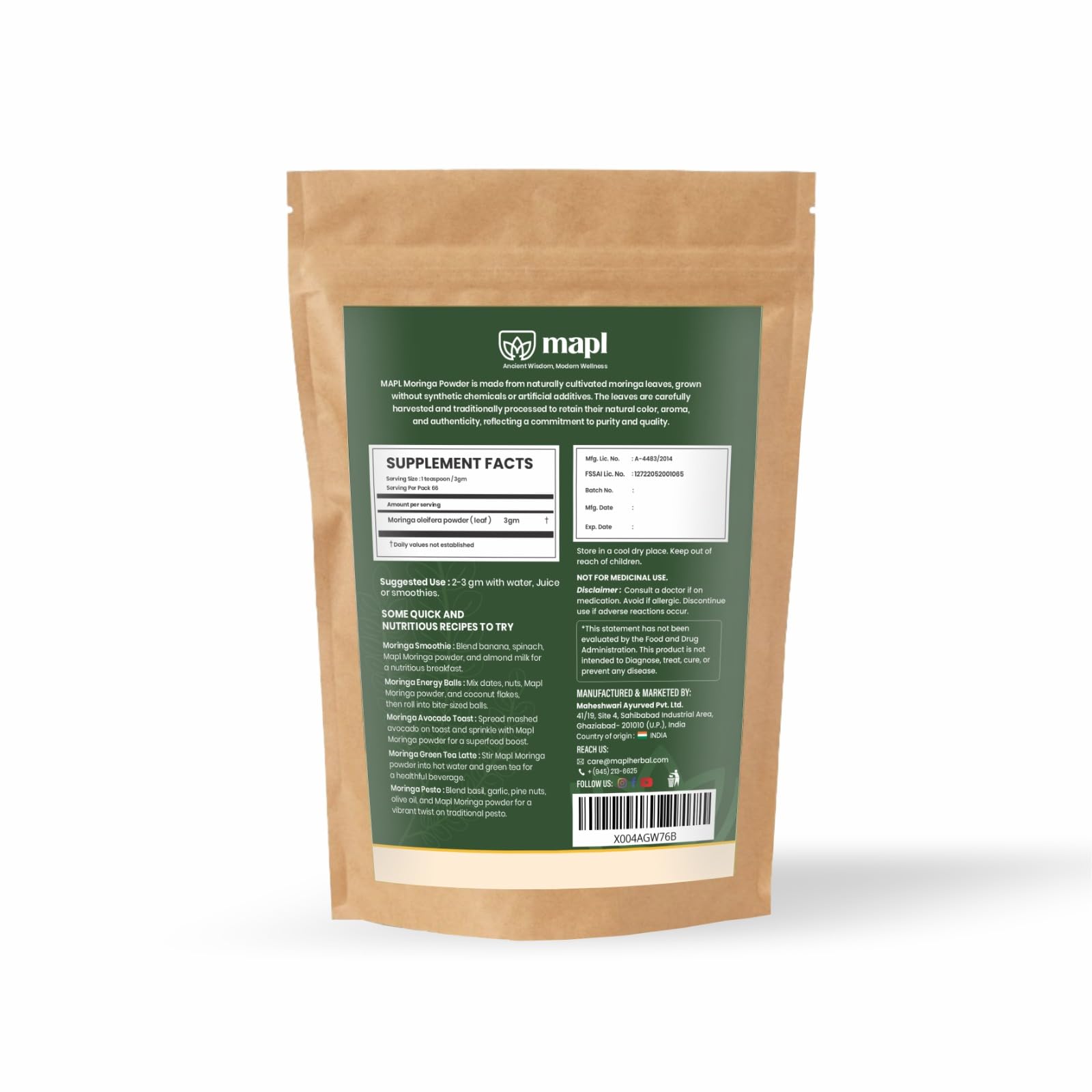 MAPL Moringa powder close-up with vibrant green leaves for versatile cooking.